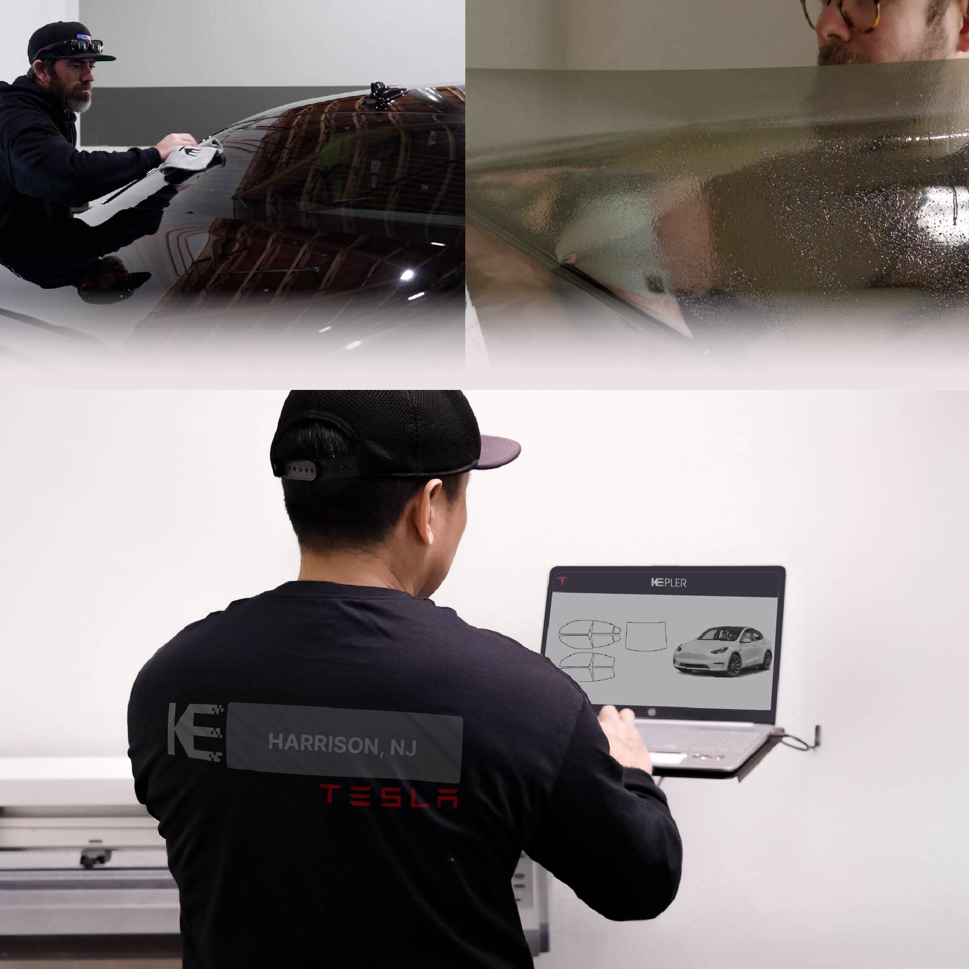 Kepler Technician Fitting Ceramic Window Tint to Tesla in Harrison