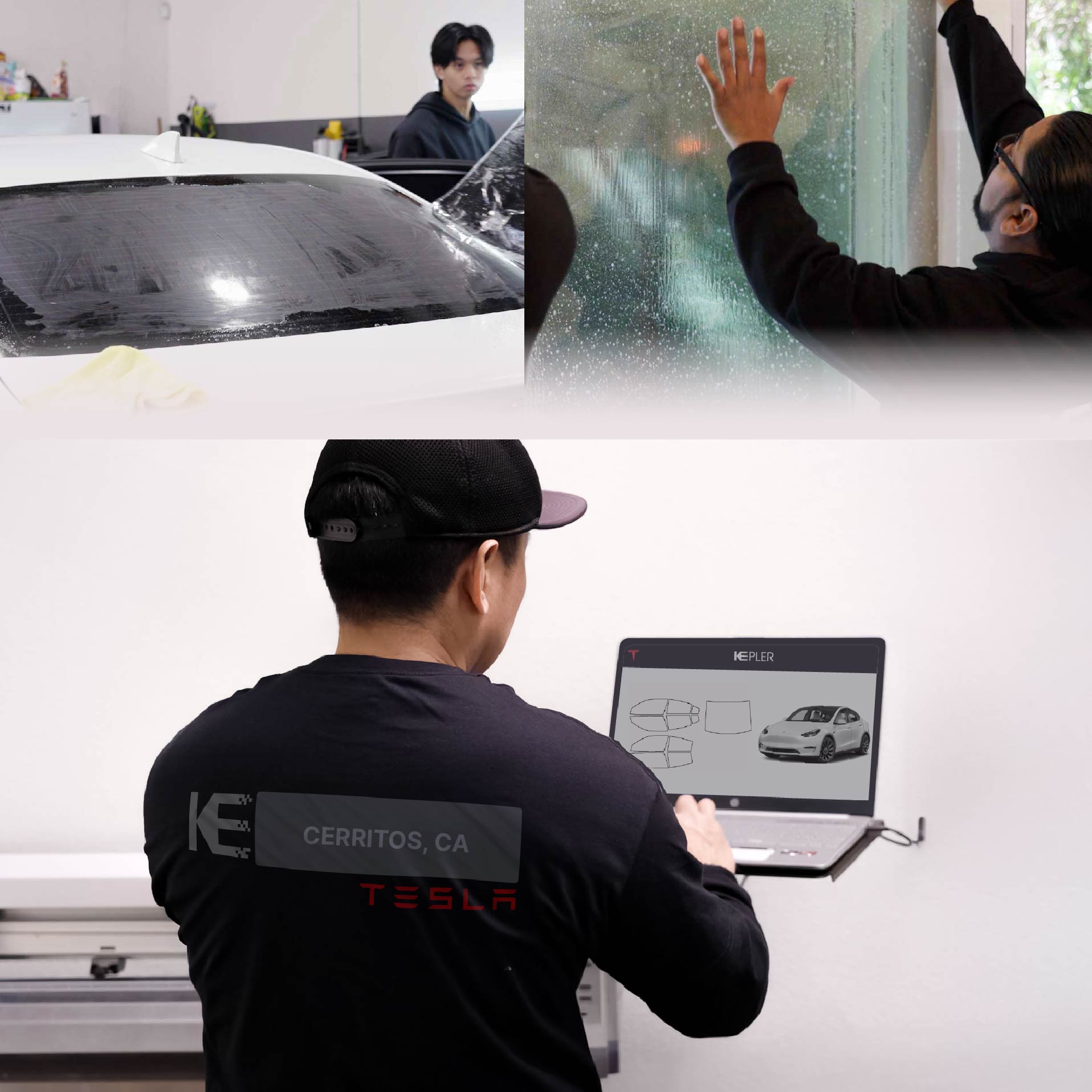 Expert Technician Installing Ceramic Window Tint to Tesla in Cerritos