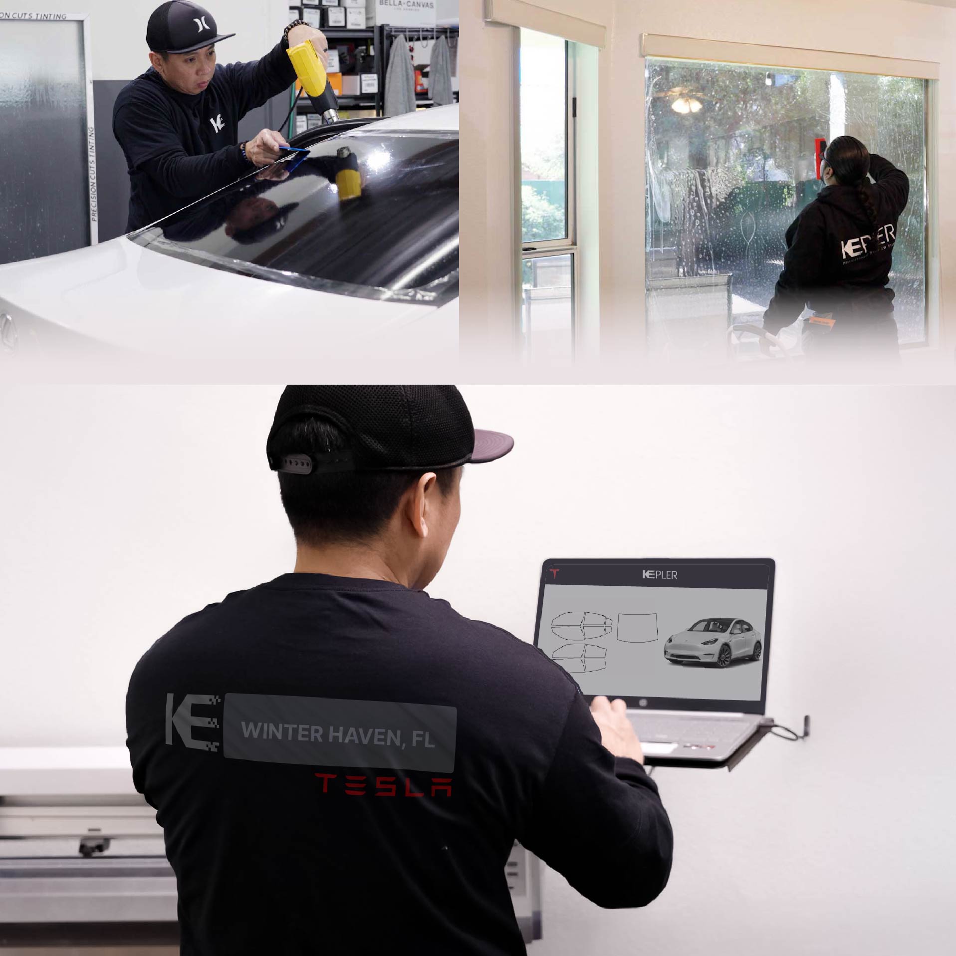 Kepler Technician Fitting Advanced Window Tint to Tesla in Winter Haven