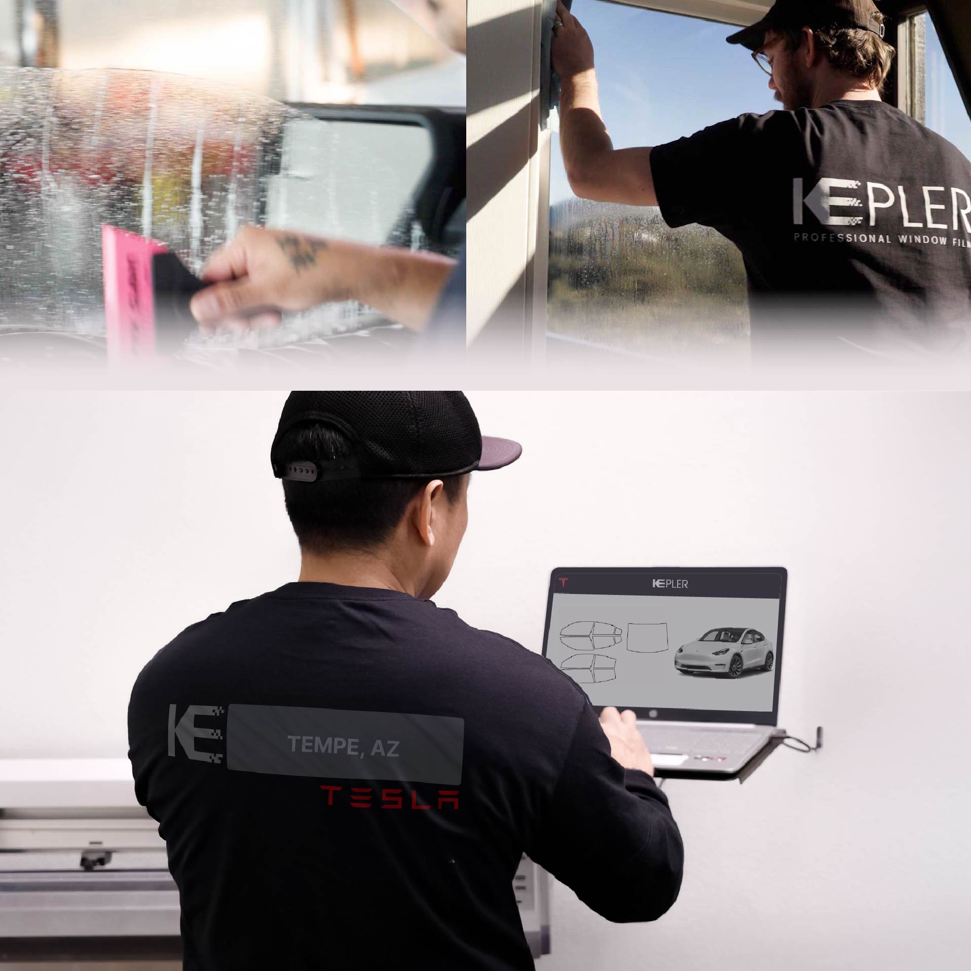 Kepler Technician Applying Advanced Window Tint to Tesla in Tempe