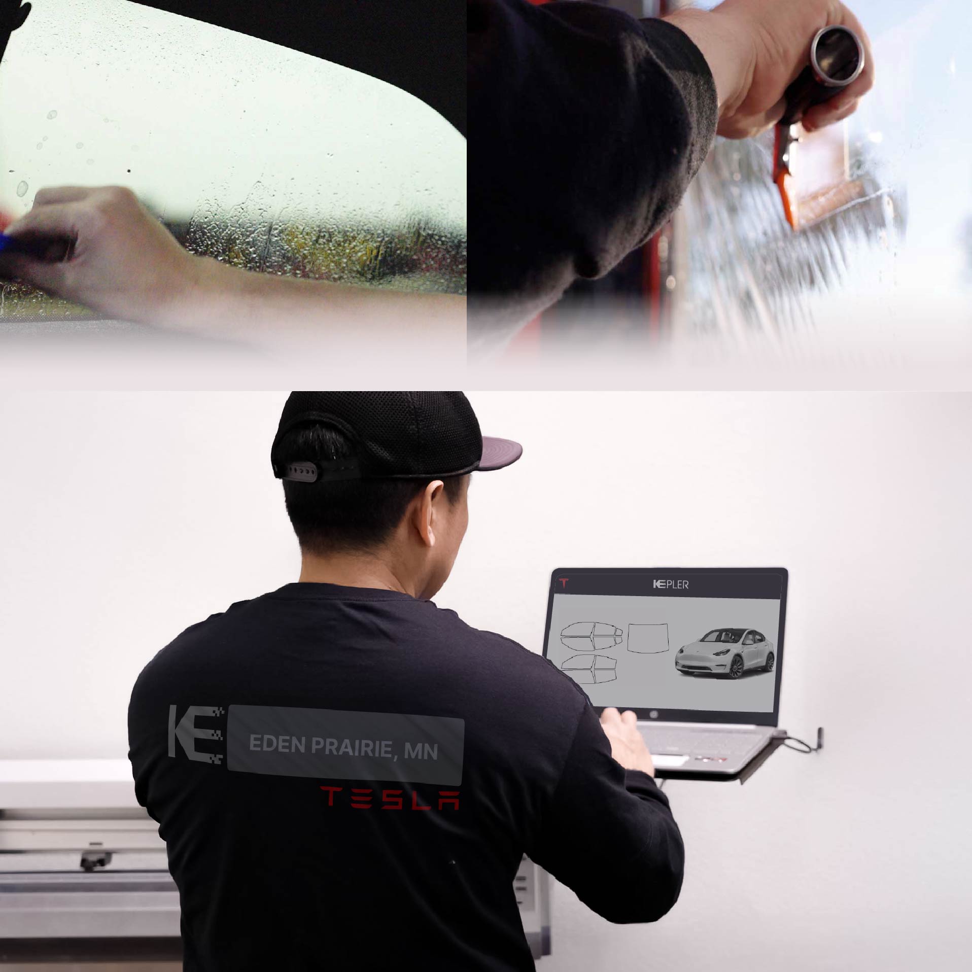 Kepler Technician Fitting Advanced Window Tint to Tesla in Eden Prairie