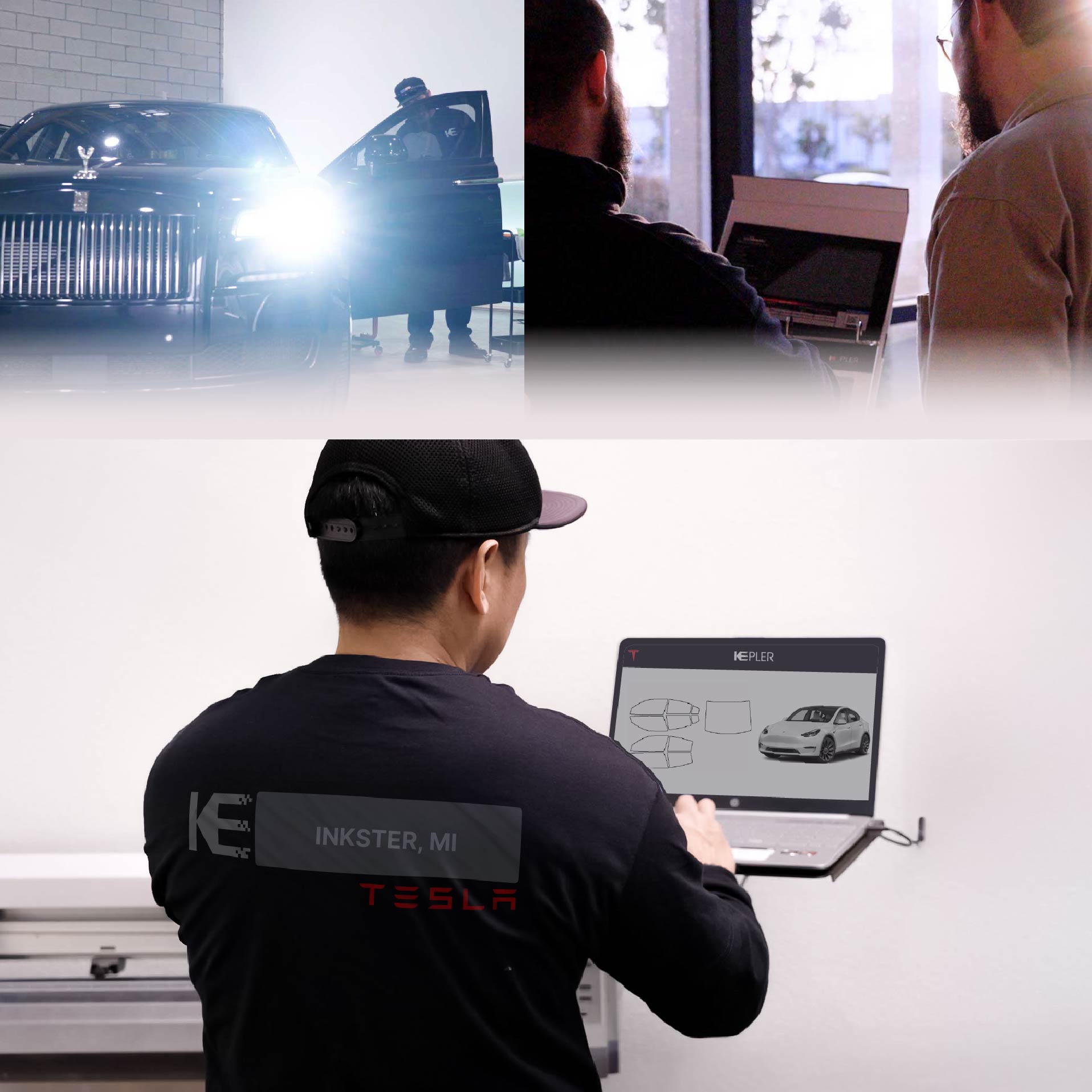 Expert Technician Applying Ceramic Window Tint to Tesla in Inkster
