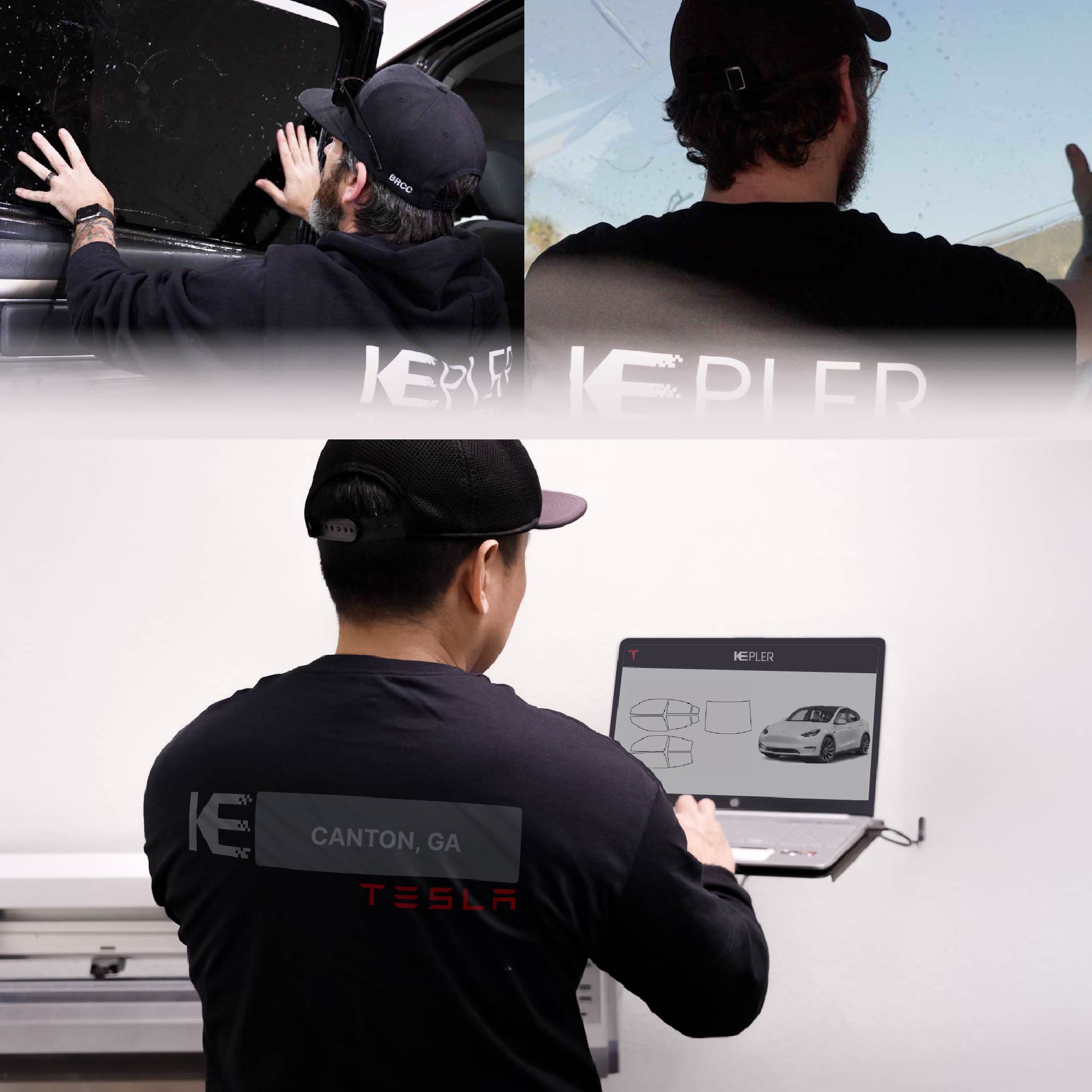 Expert Technician Applying Advanced Window Tint to Tesla in Canton