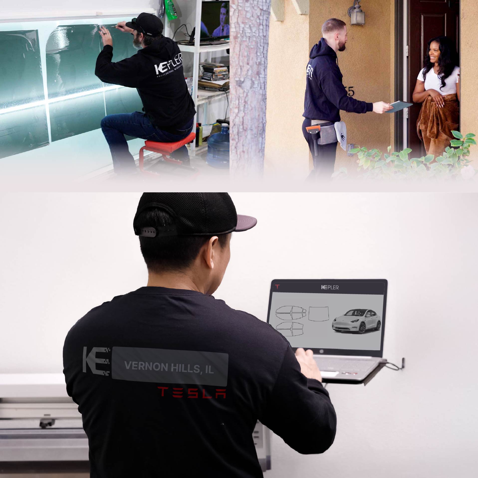 Kepler Technician Applying Ceramic Window Tint to Tesla in Vernon Hills