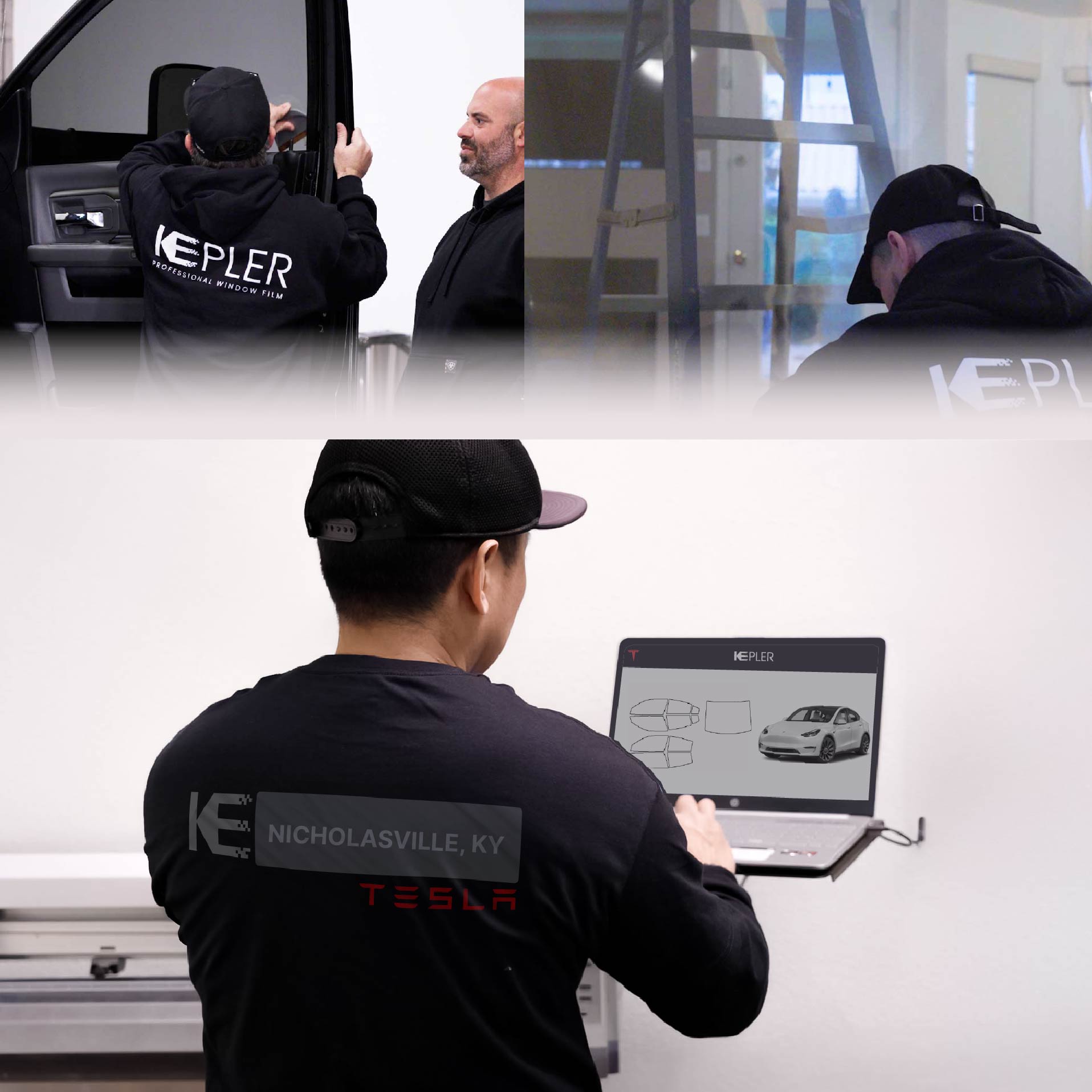 Kepler Technician Applying Advanced Window Tint to Tesla in Nicholasville
