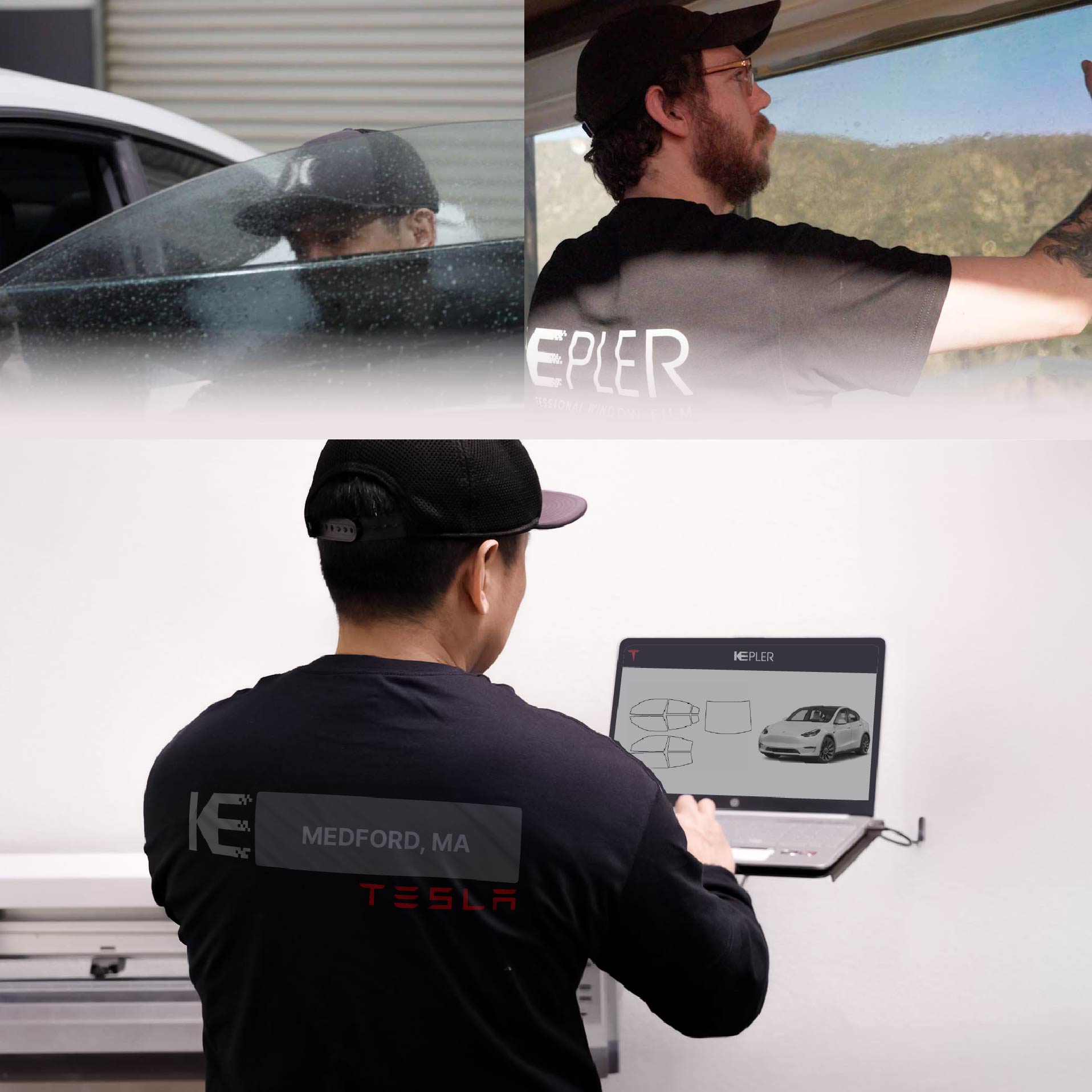 Expert Technician Fitting High-tech Window Tint to Tesla in Medford