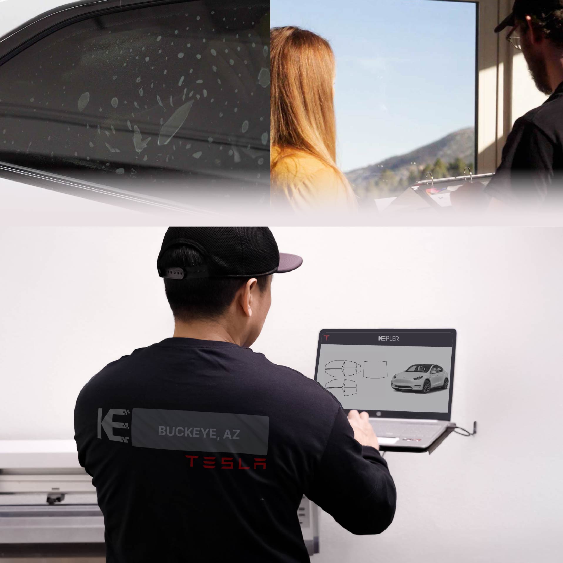 Kepler Technician Fitting Ceramic Window Tint to Tesla in Buckeye