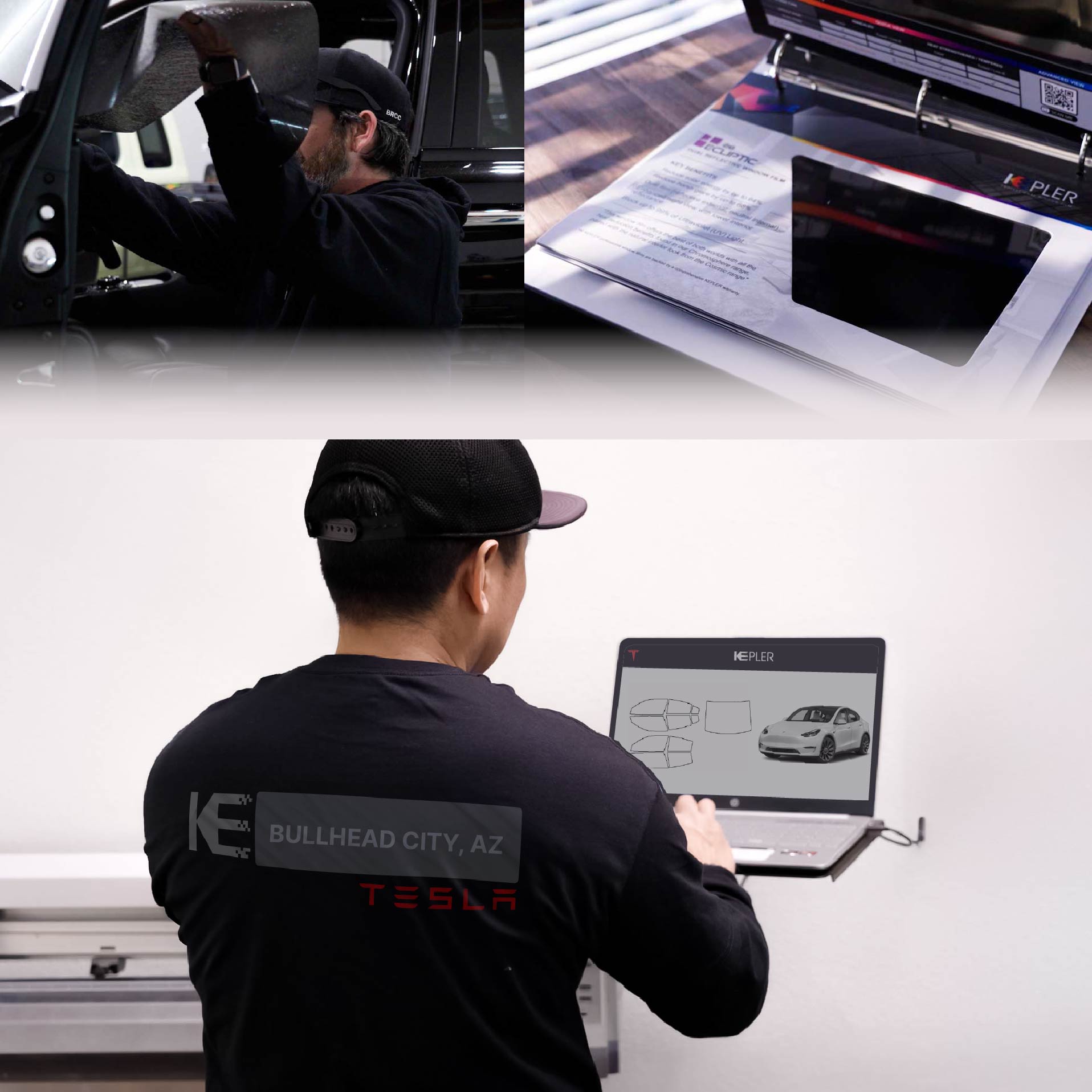 Kepler Technician Fitting Advanced Window Tint to Tesla in Bullhead City