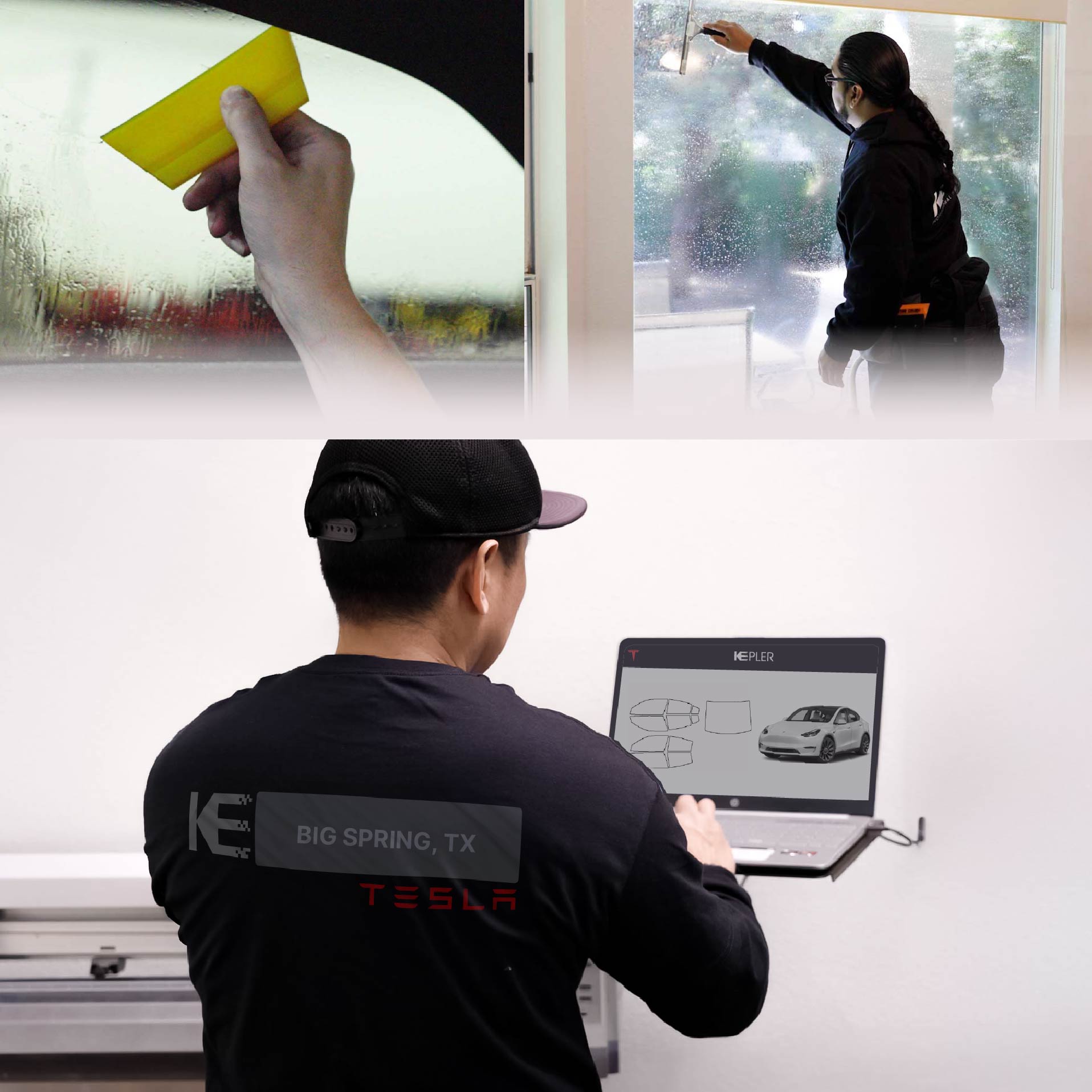 Kepler Technician Installing Ceramic Window Tint to Tesla in Big Spring