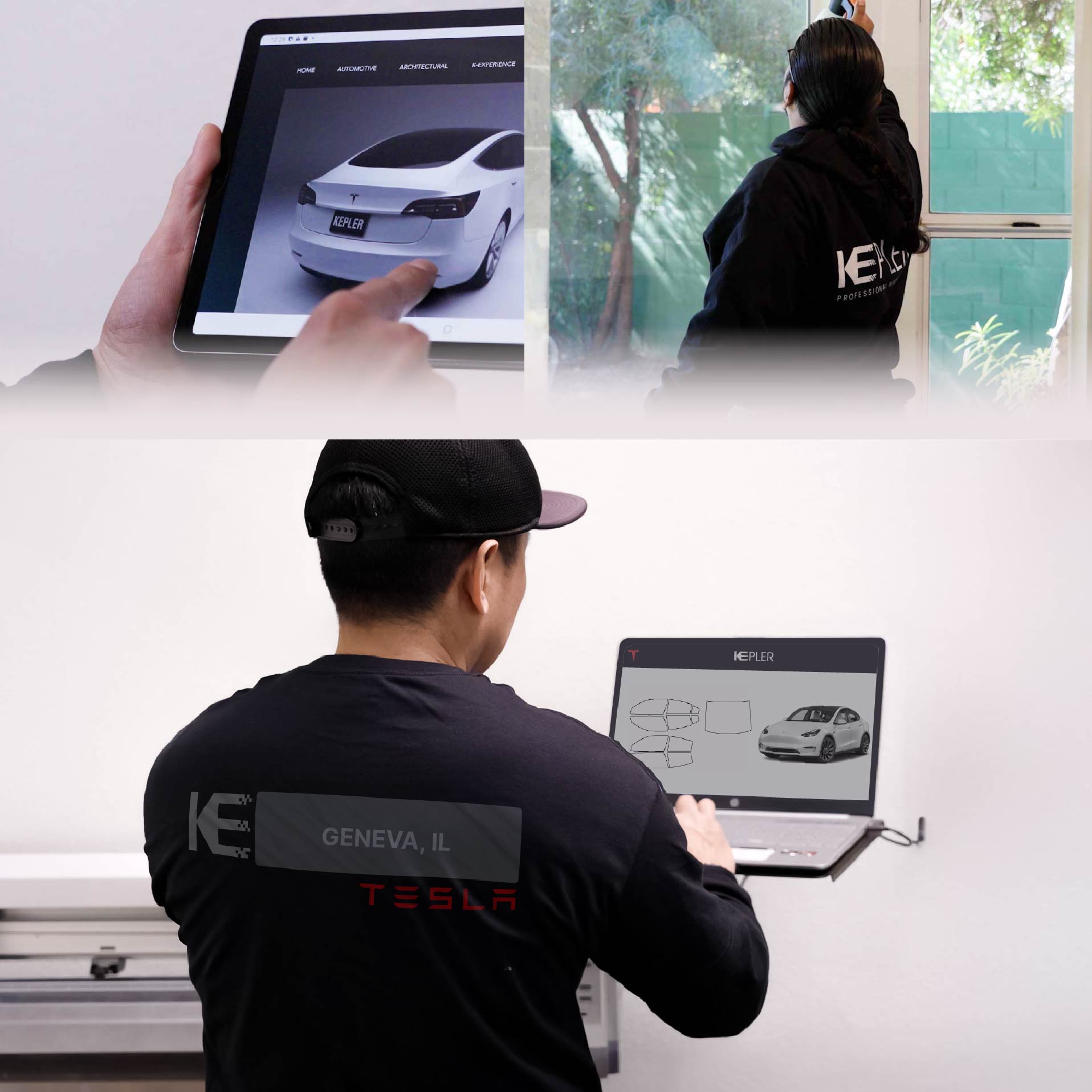 Expert Technician Fitting Advanced Window Tint to Tesla in Geneva