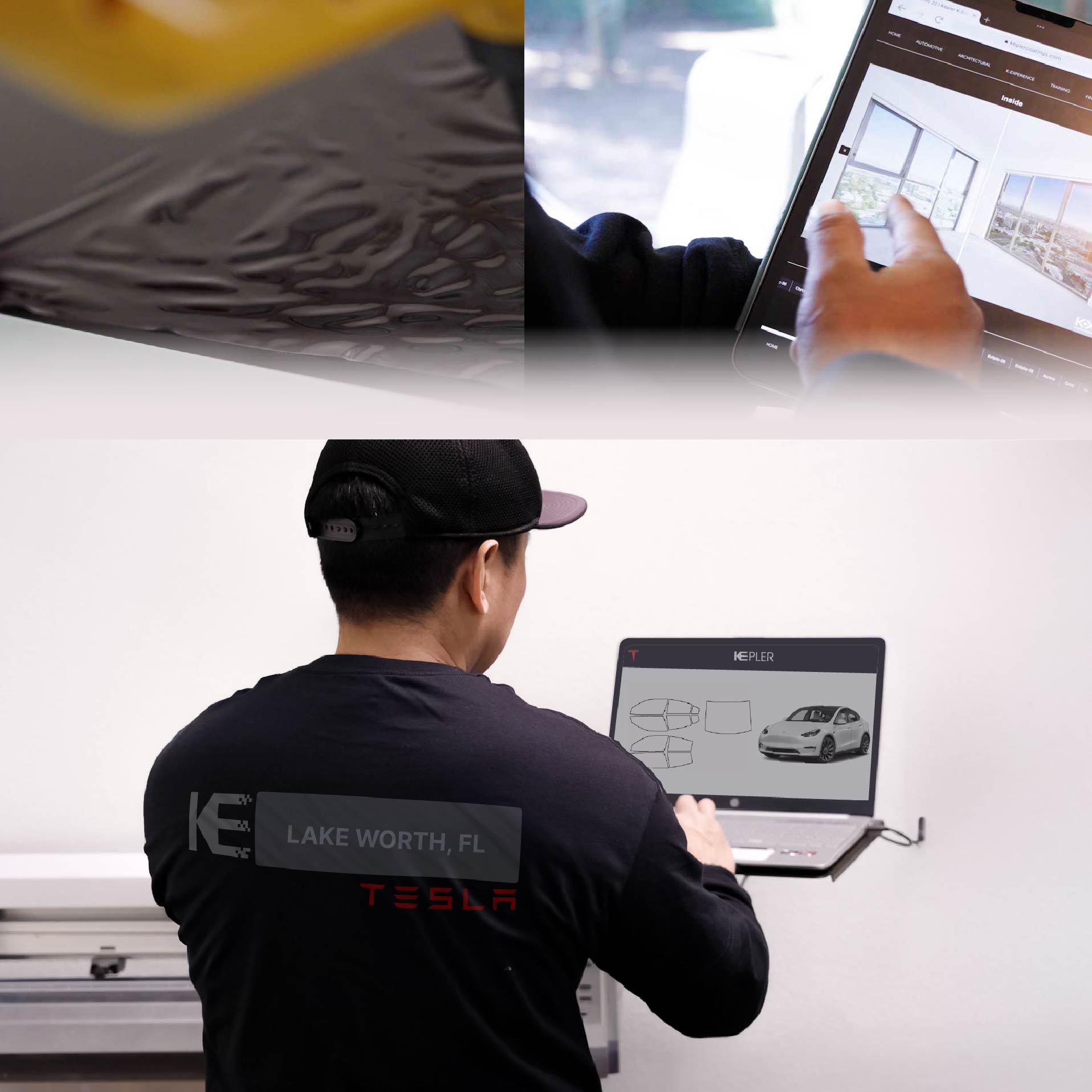 Kepler Technician Installing Advanced Window Tint to Tesla in Lake Worth