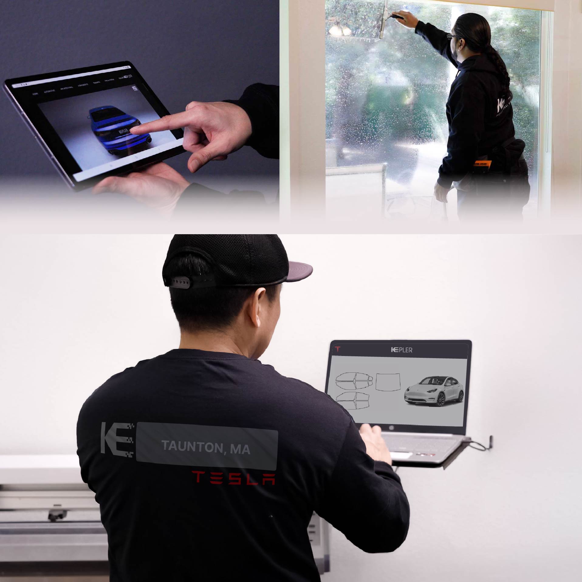 Expert Technician Applying Ceramic Window Tint to Tesla in Taunton