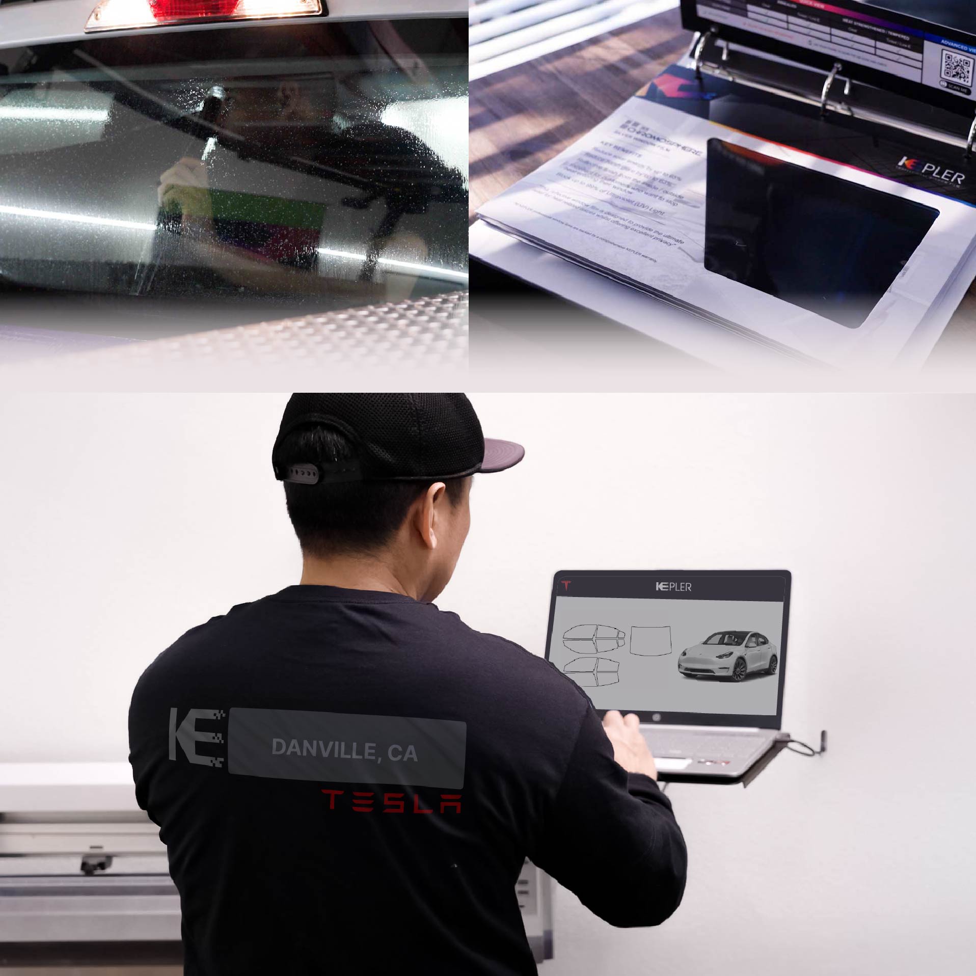 Expert Technician Applying High-tech Window Tint to Tesla in Danville