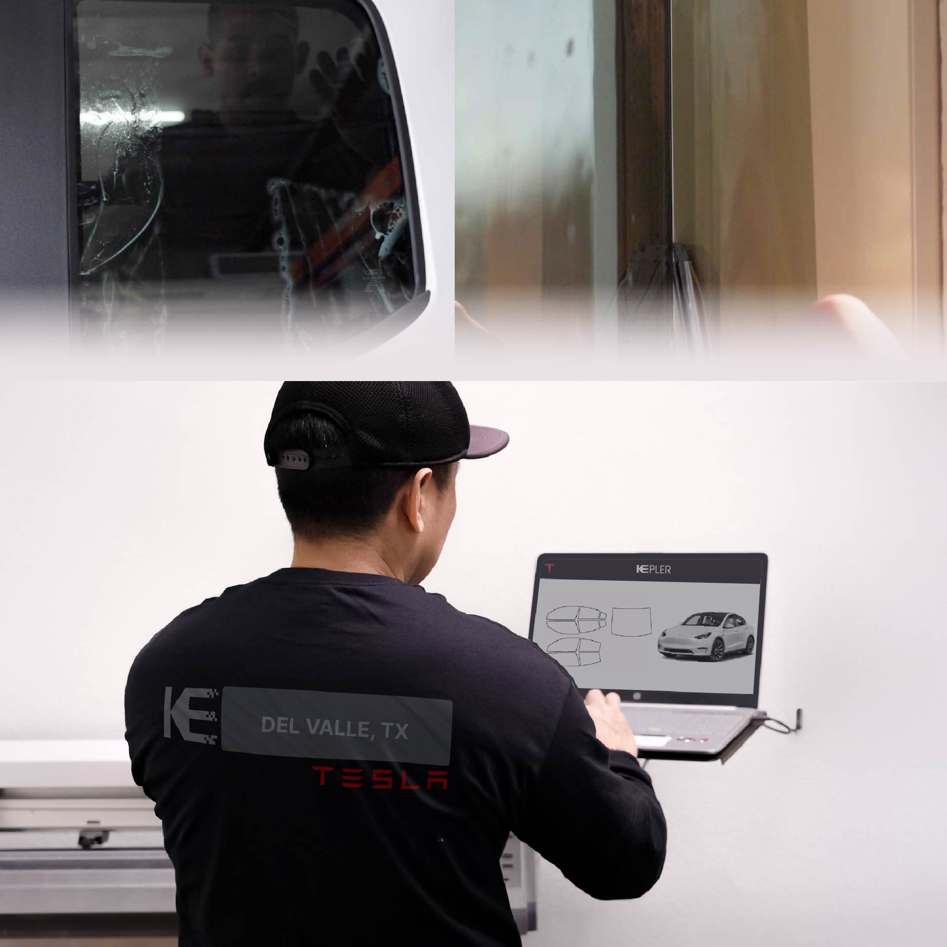 Kepler Technician Applying High-tech Window Tint to Tesla in Del Valle