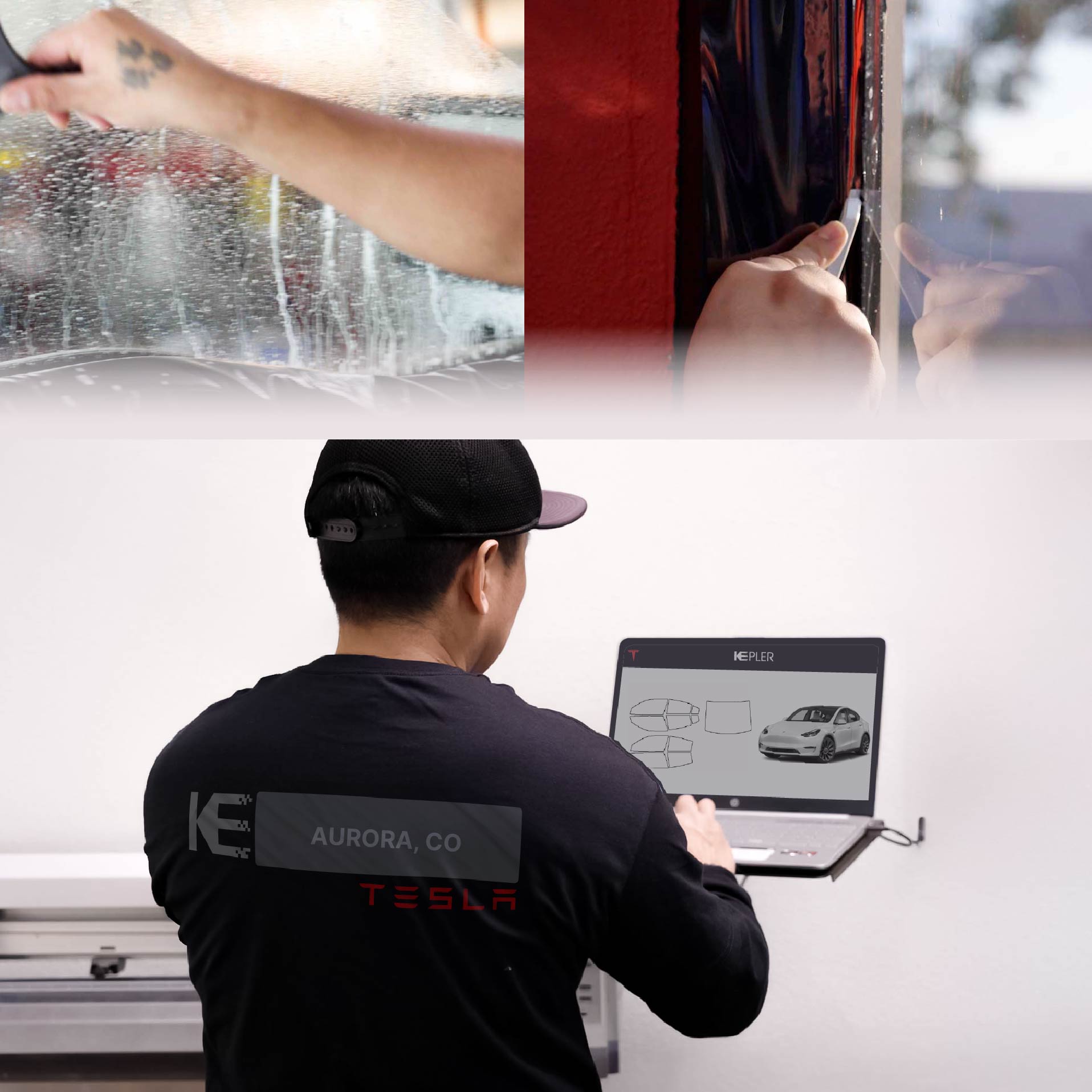 Kepler Technician Fitting Ceramic Window Tint to Tesla in Aurora