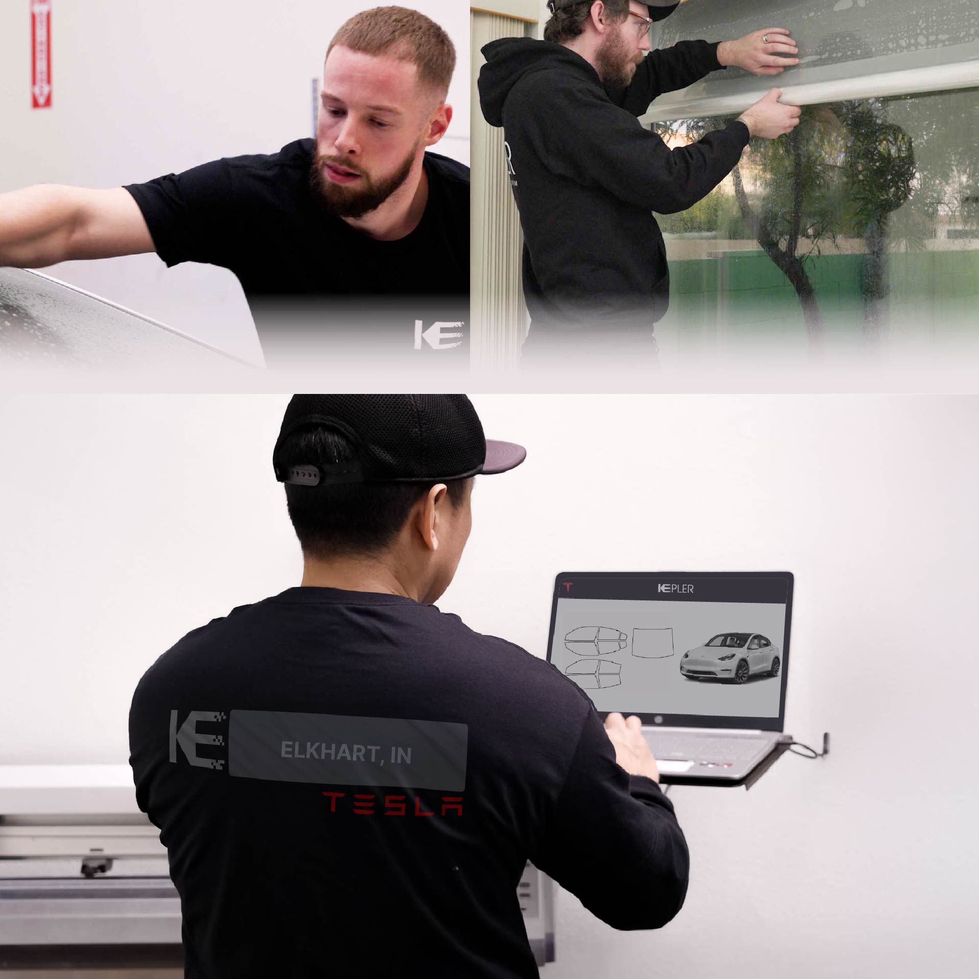 Kepler Technician Installing Ceramic Window Tint to Tesla in Elkhart