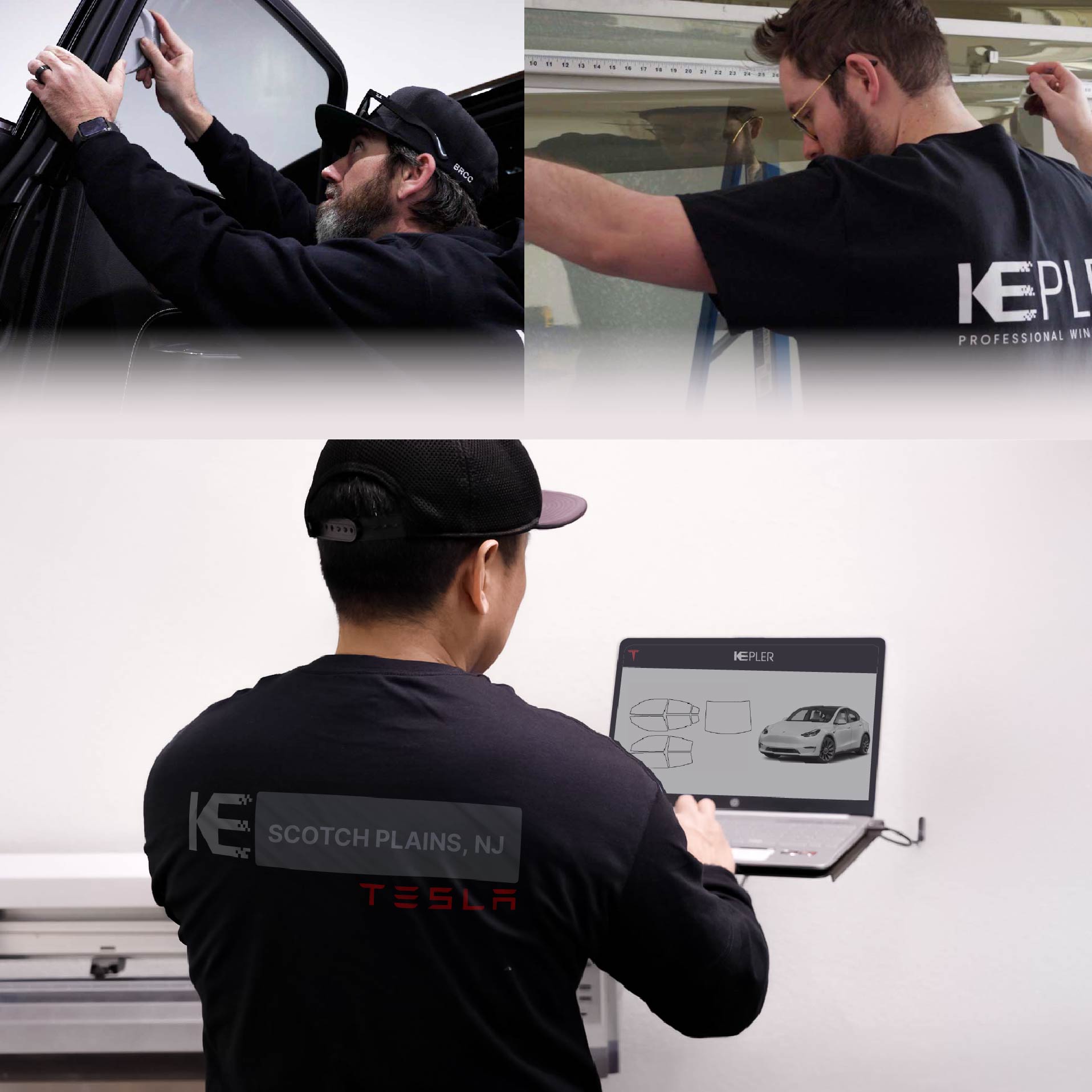 Kepler Technician Installing Ceramic Window Tint to Tesla in Scotch Plains