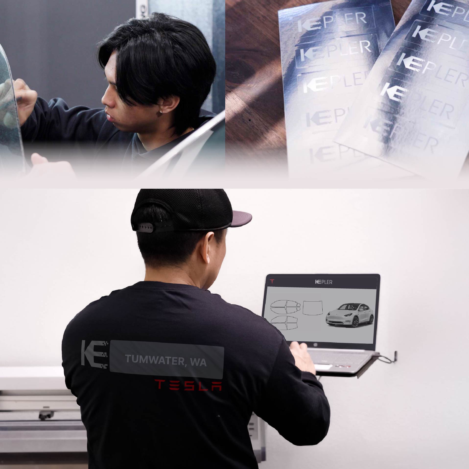 Expert Technician Fitting High-tech Window Tint to Tesla in Tumwater