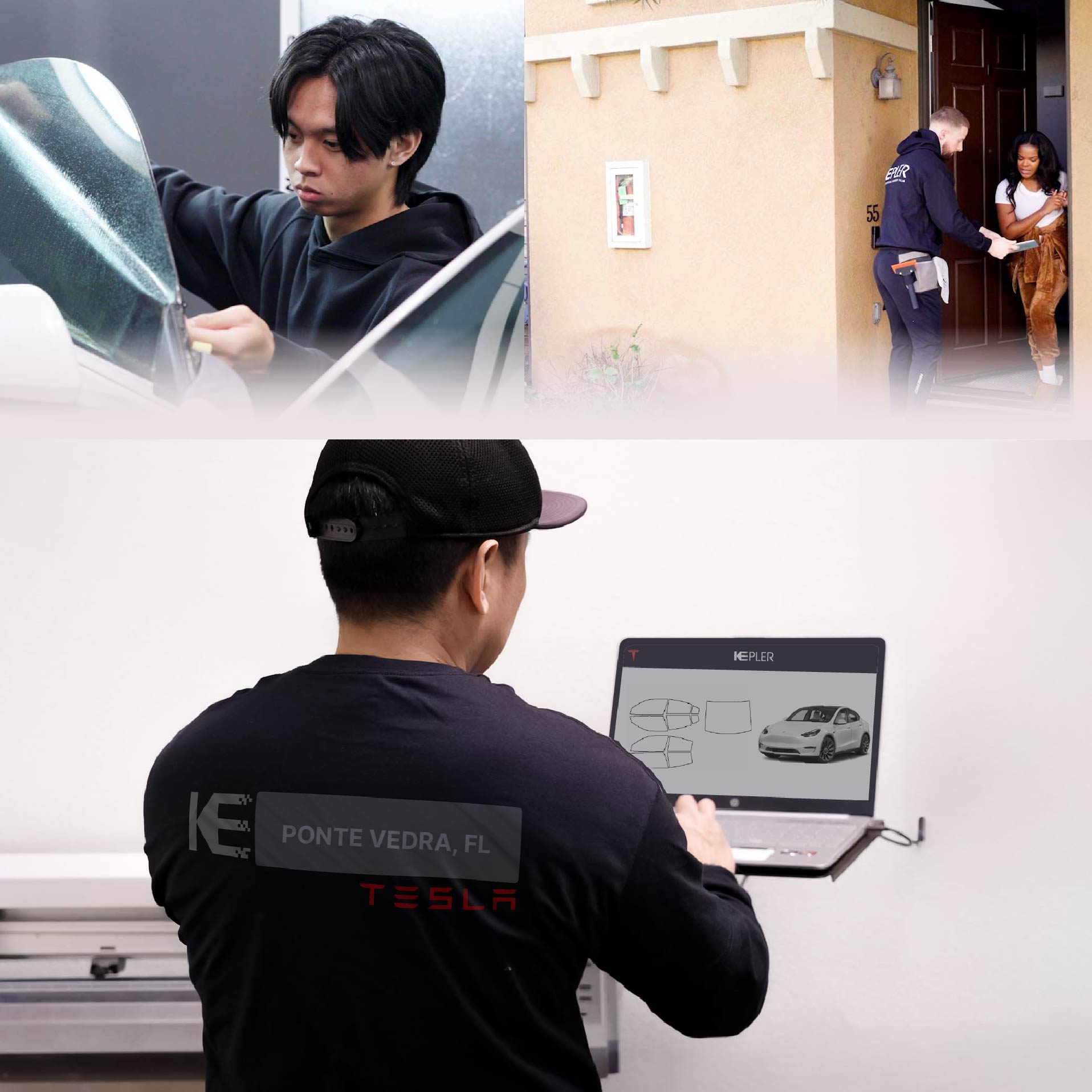 Kepler Technician Fitting Advanced Window Tint to Tesla in Ponte Vedra