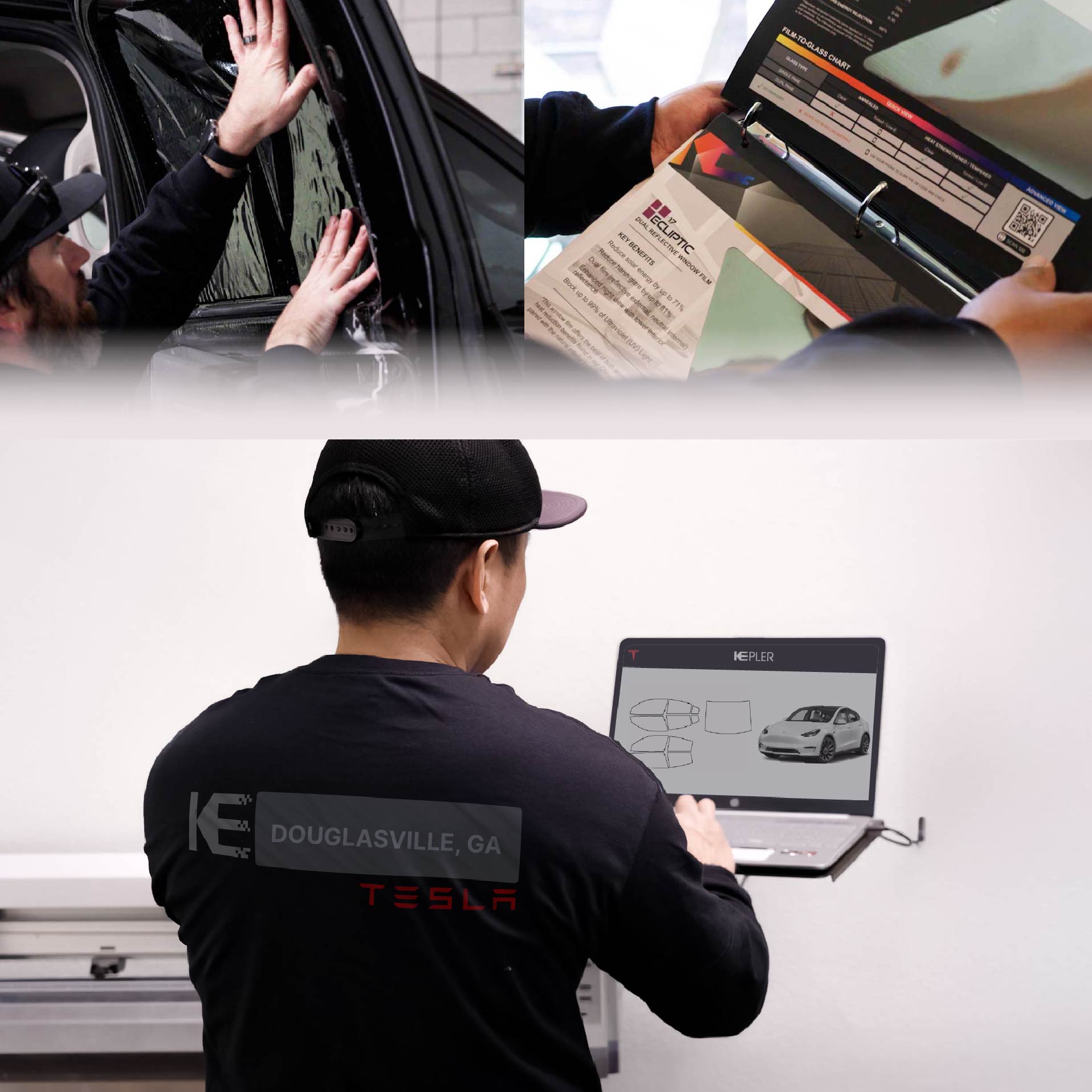Kepler Technician Applying Ceramic Window Tint to Tesla in Douglasville