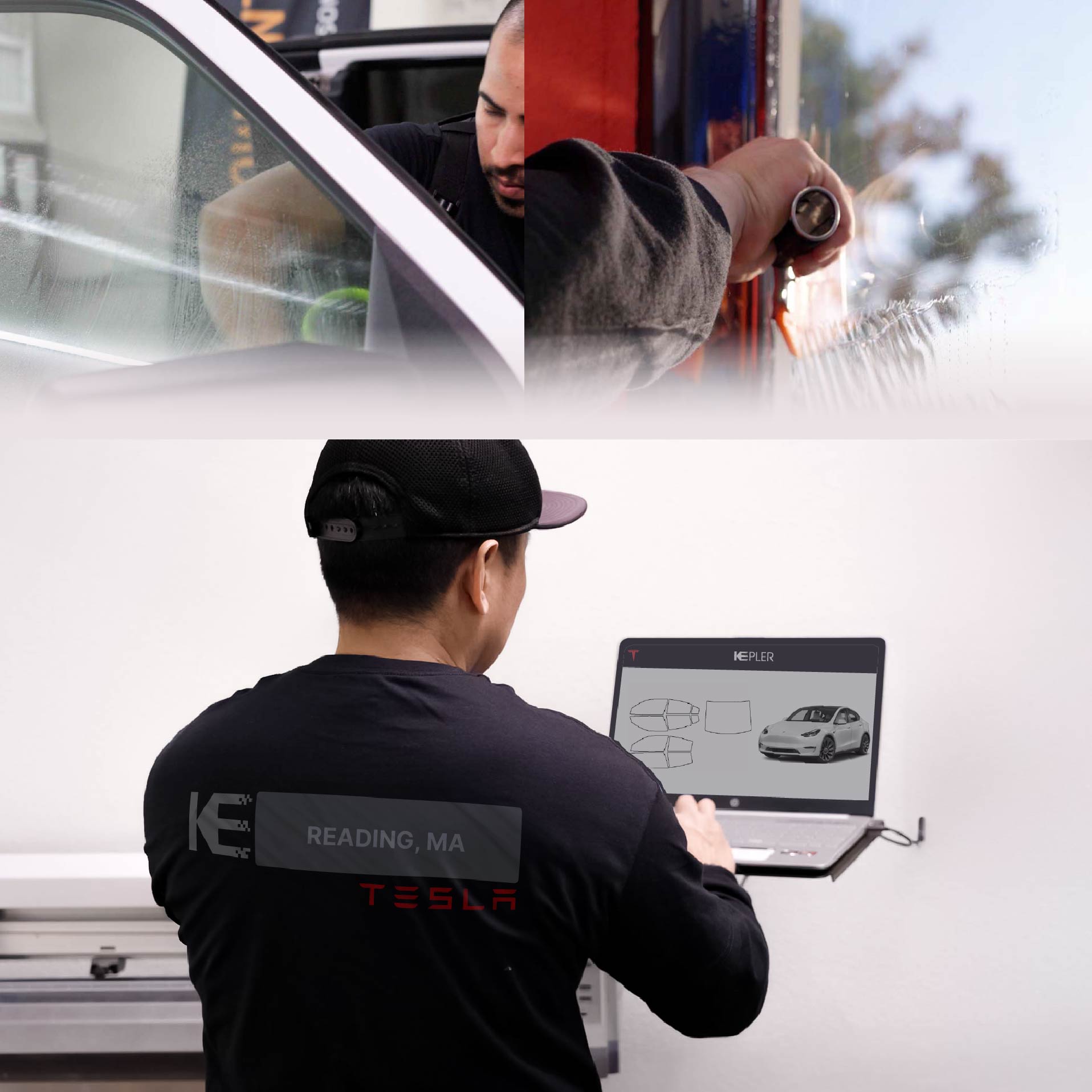 Expert Technician Installing High-tech Window Tint to Tesla in Reading