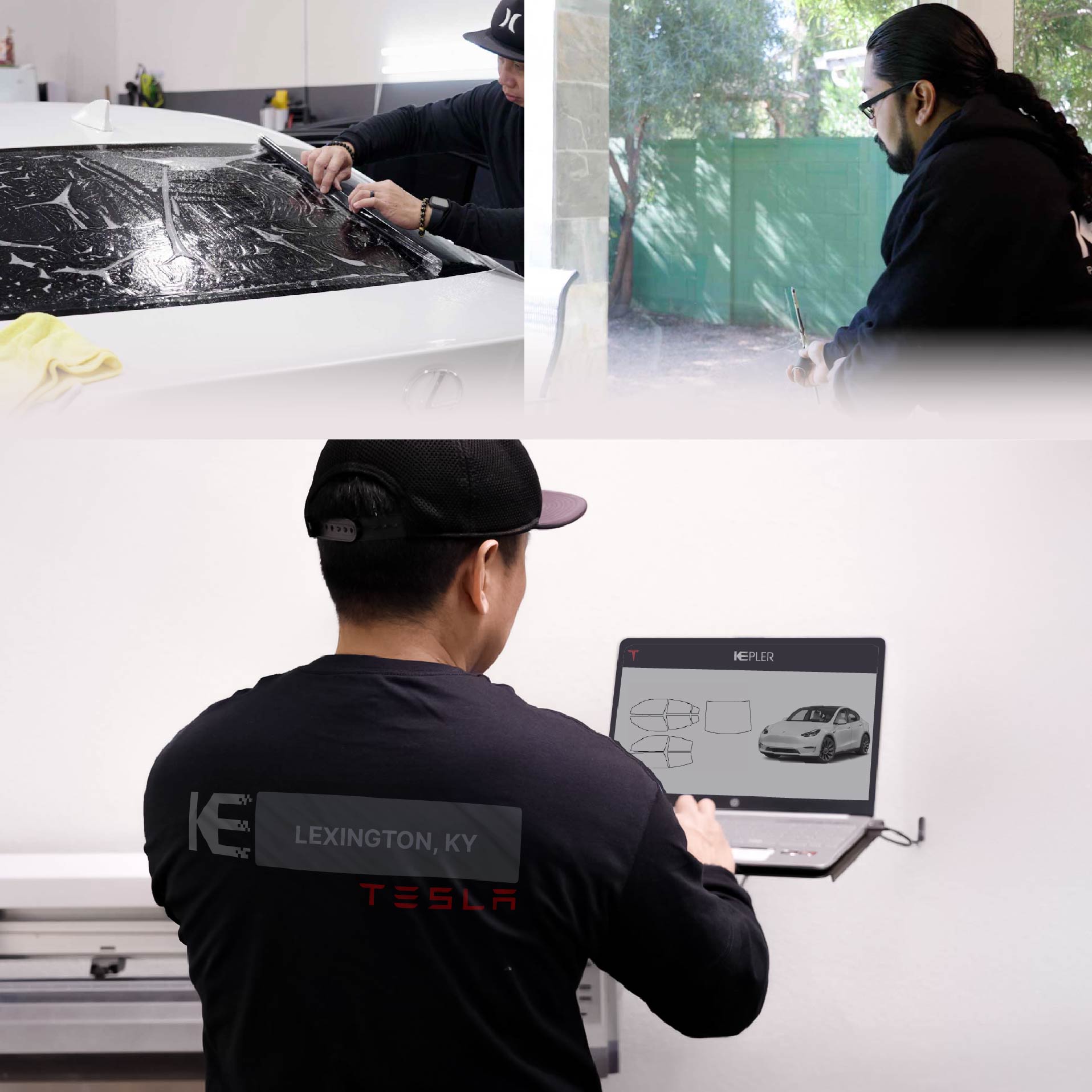 Expert Technician Fitting Ceramic Window Tint to Tesla in Lexington