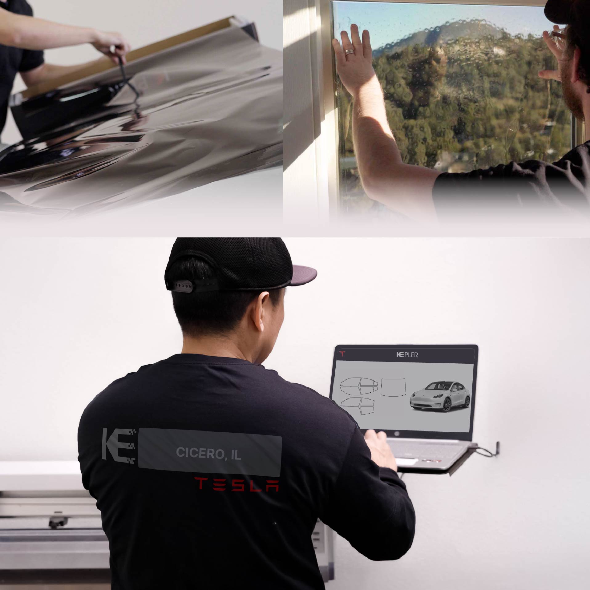 Kepler Technician Applying Advanced Window Tint to Tesla in Cicero