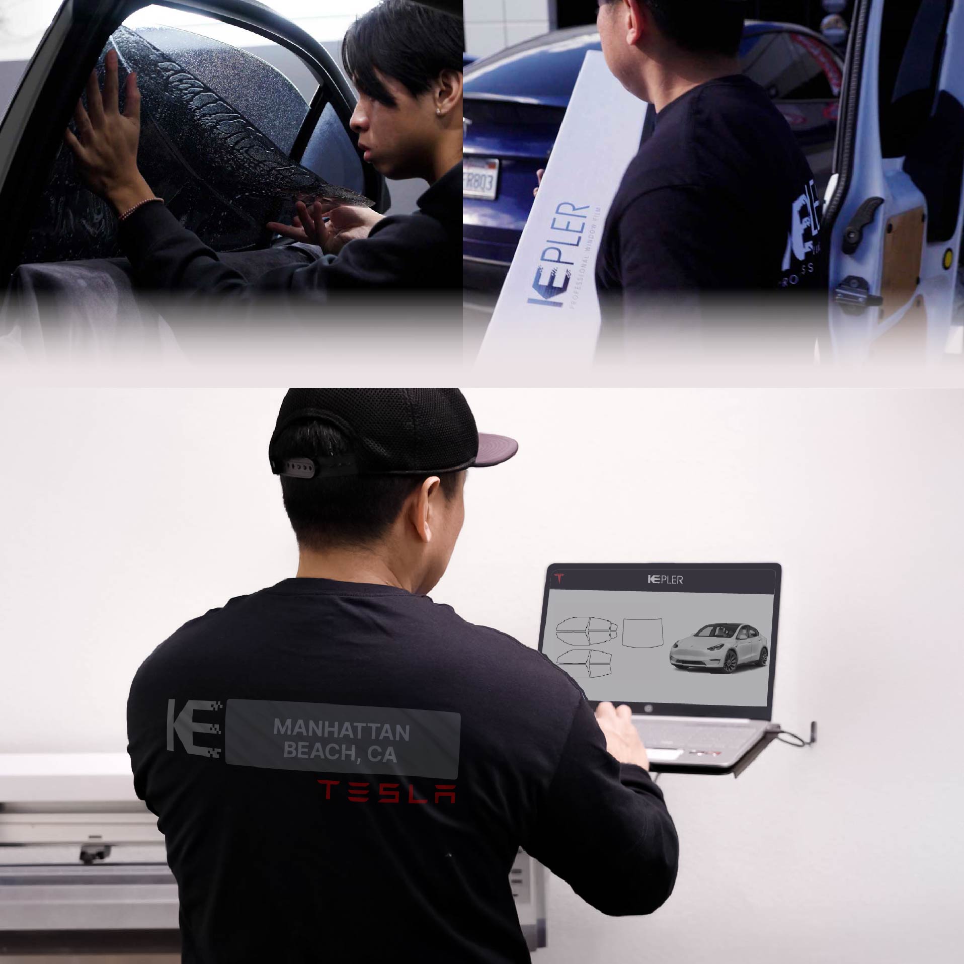 Expert Technician Installing High-tech Window Tint to Tesla in Manhattan Beach