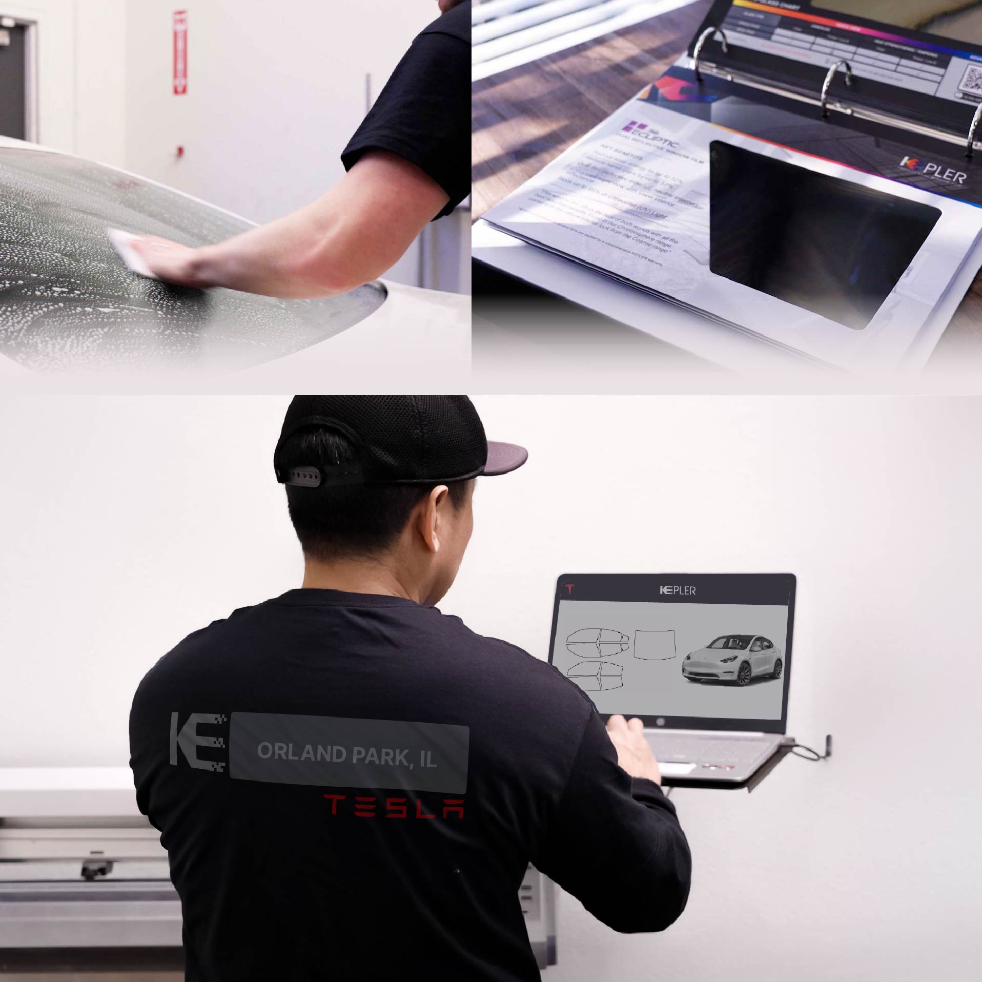 Kepler Technician Fitting Advanced Window Tint to Tesla in Orland Park