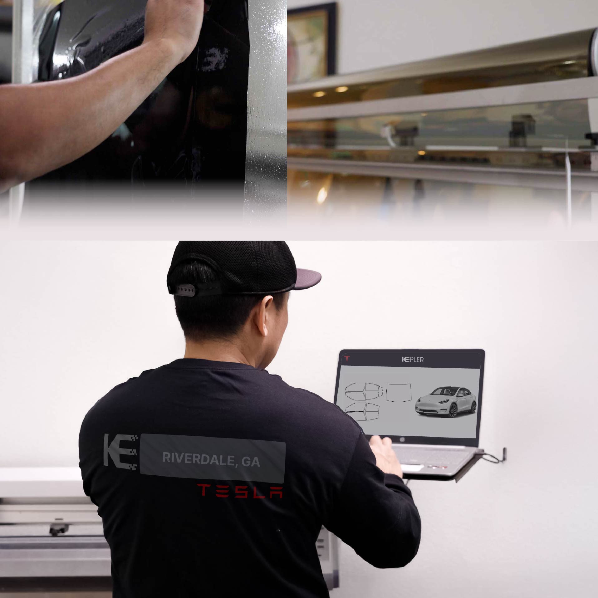 Expert Technician Fitting Ceramic Window Tint to Tesla in Riverdale