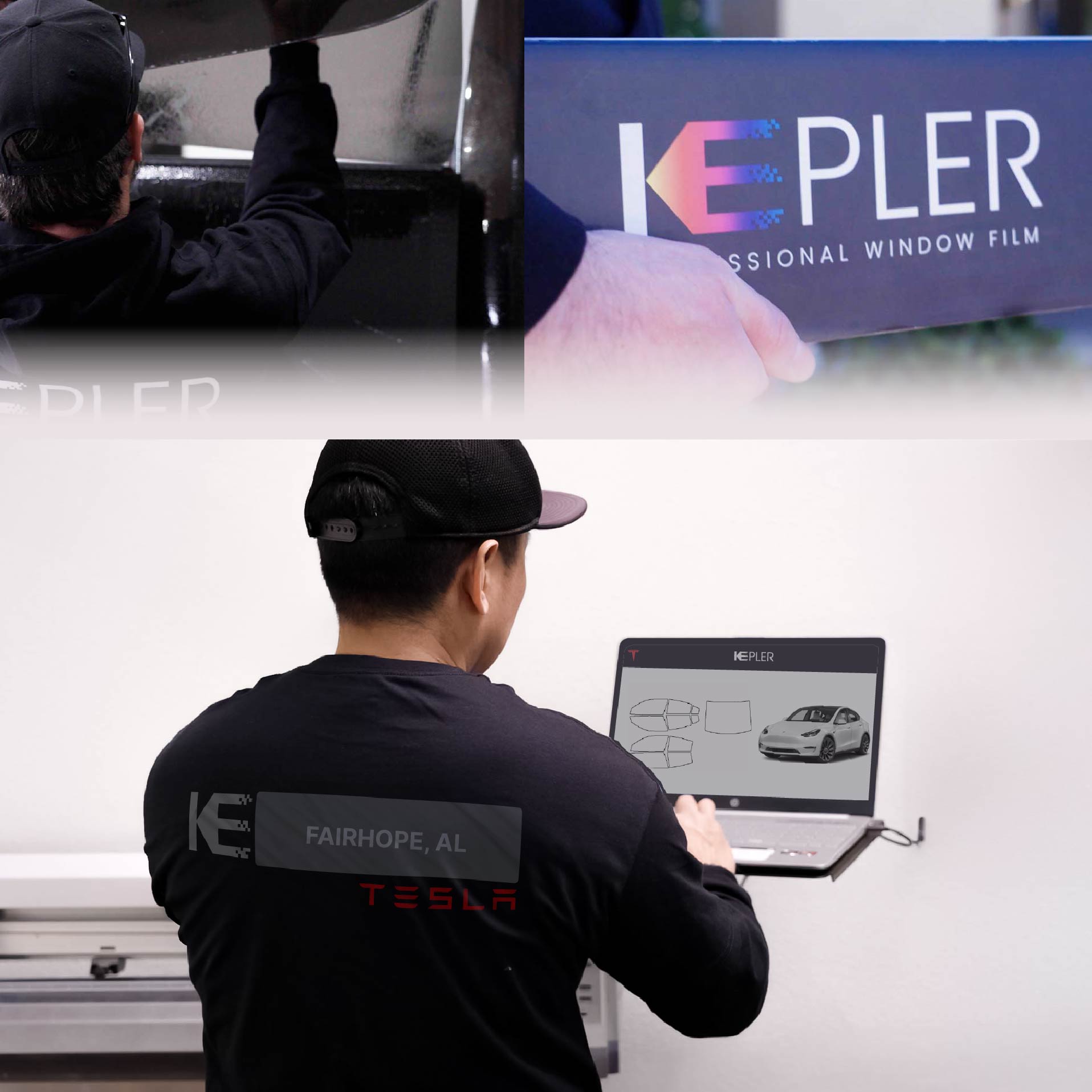 Kepler Technician Applying Advanced Window Tint to Tesla in Fairhope