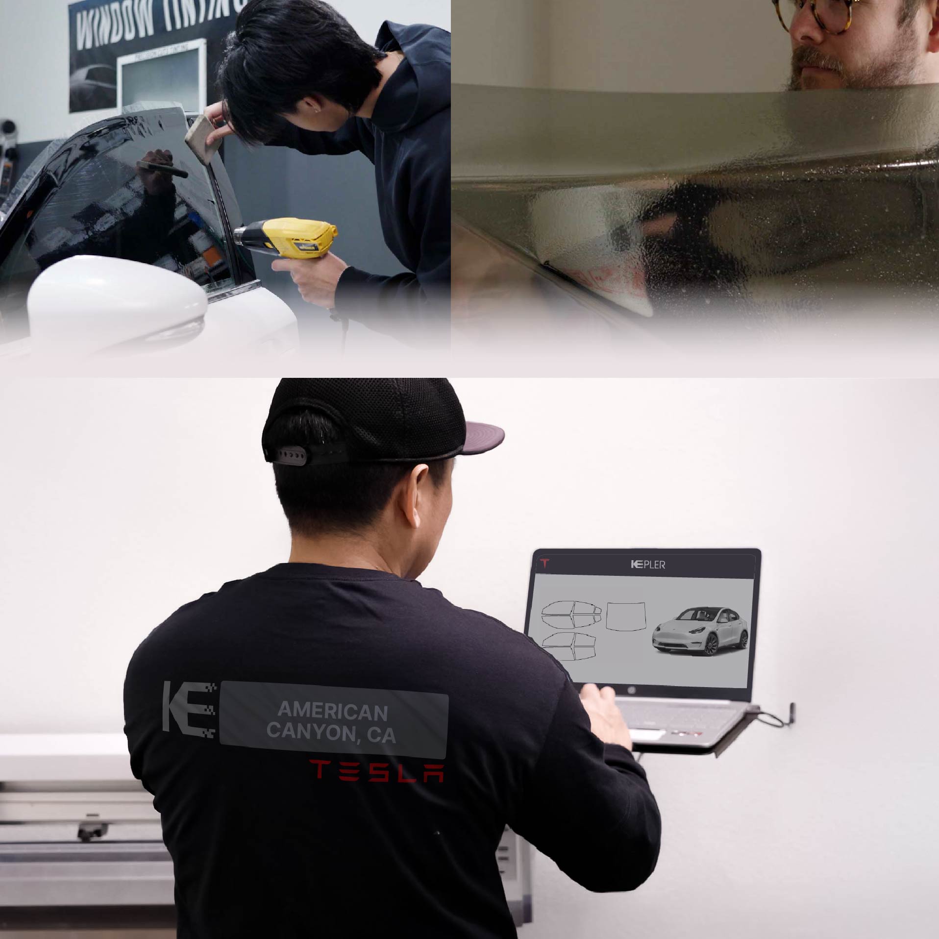 Expert Technician Fitting Advanced Window Tint to Tesla in American Canyon