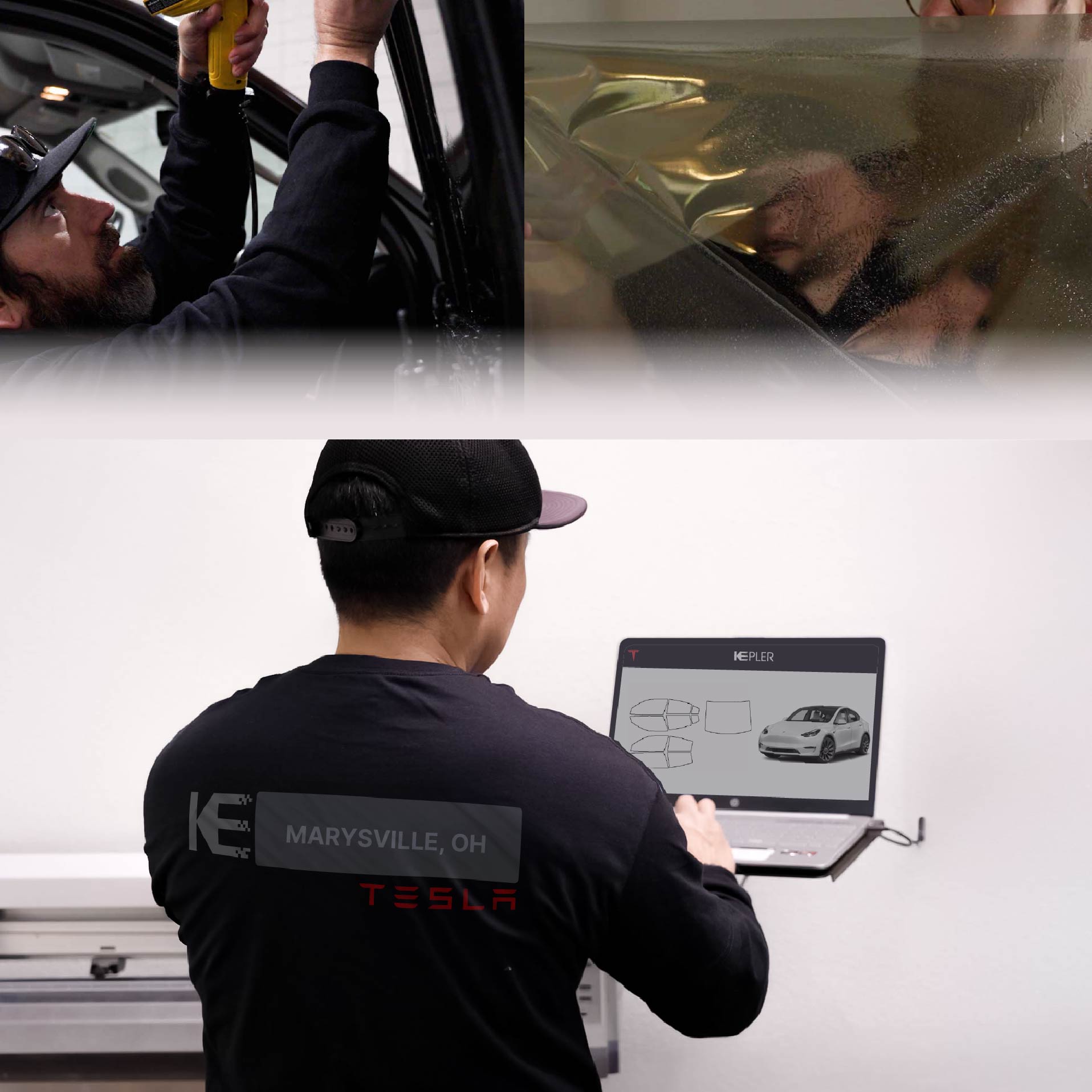 Expert Technician Applying Ceramic Window Tint to Tesla in Marysville
