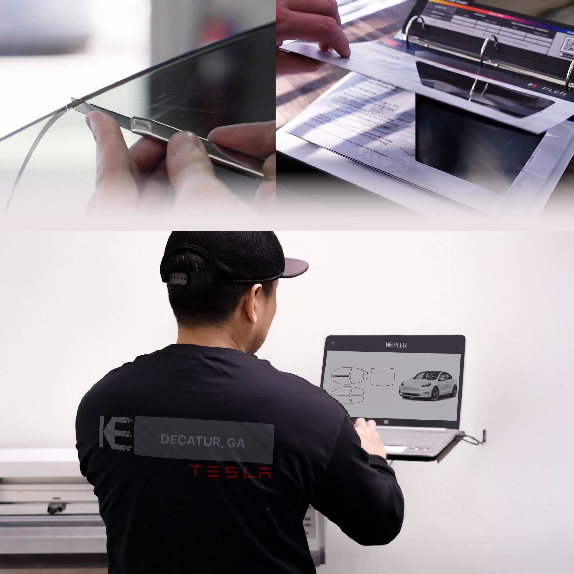 Expert Technician Applying High-tech Window Tint to Tesla in Decatur
