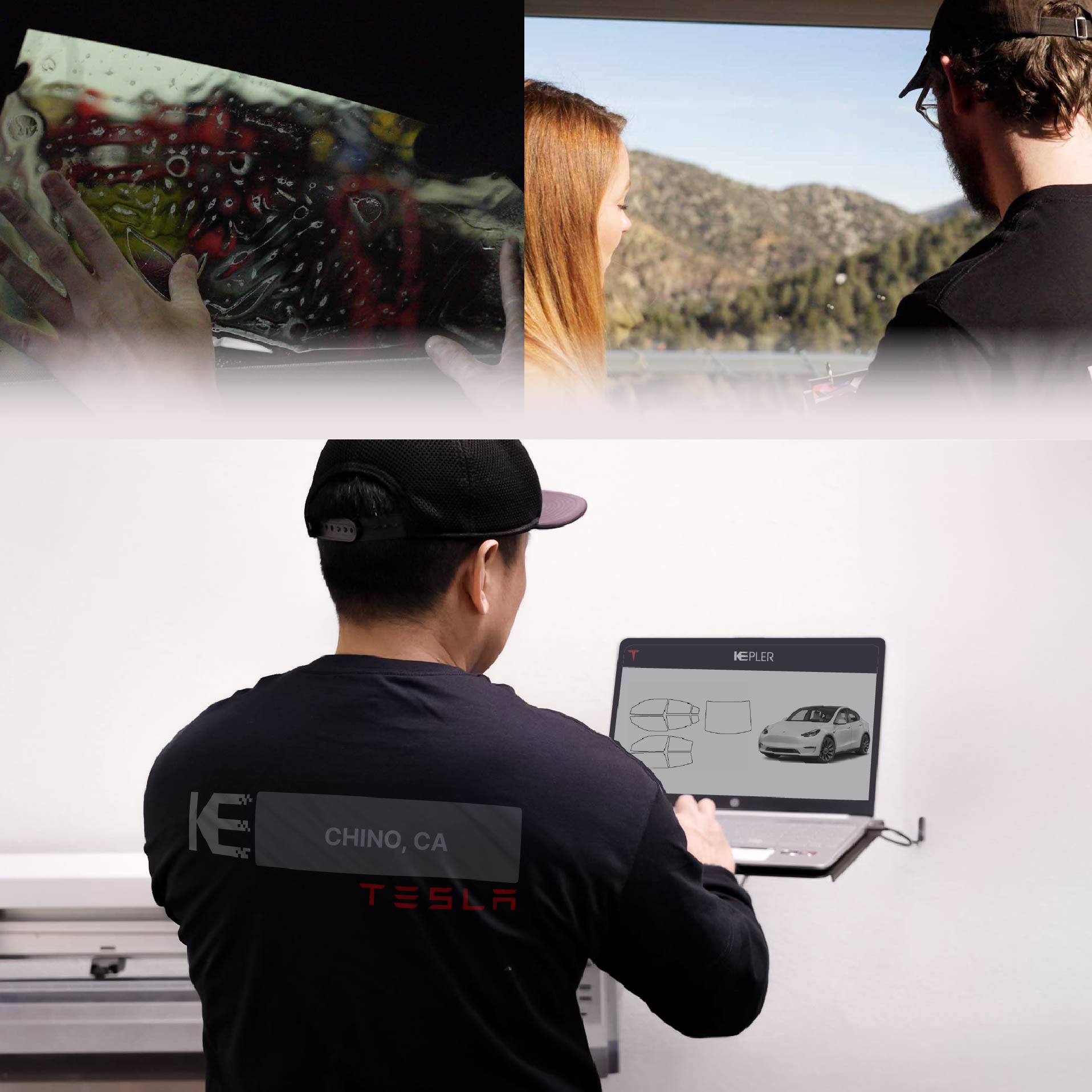 Expert Technician Installing High-tech Window Tint to Tesla in Chino
