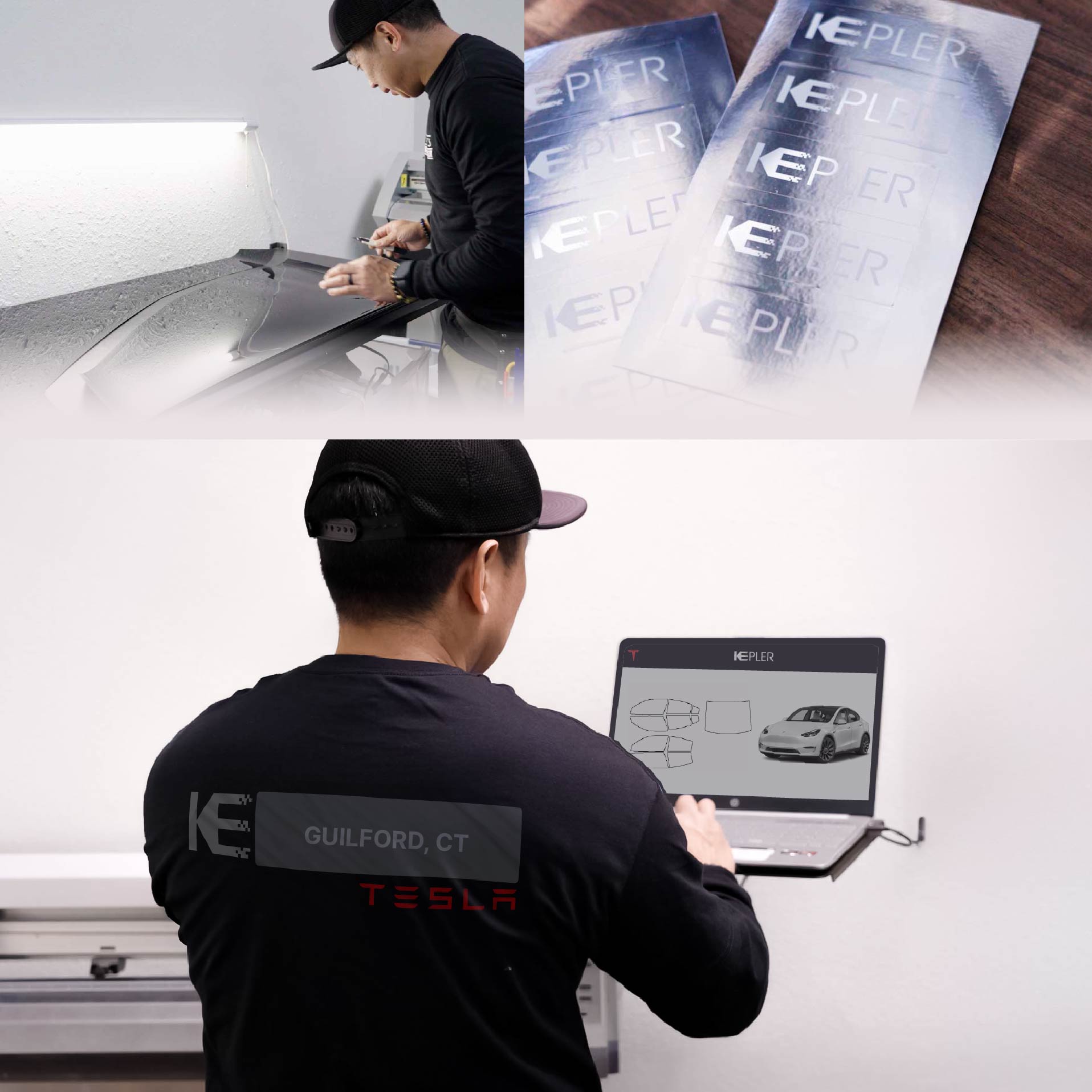 Kepler Technician Applying High-tech Window Tint to Tesla in Guilford