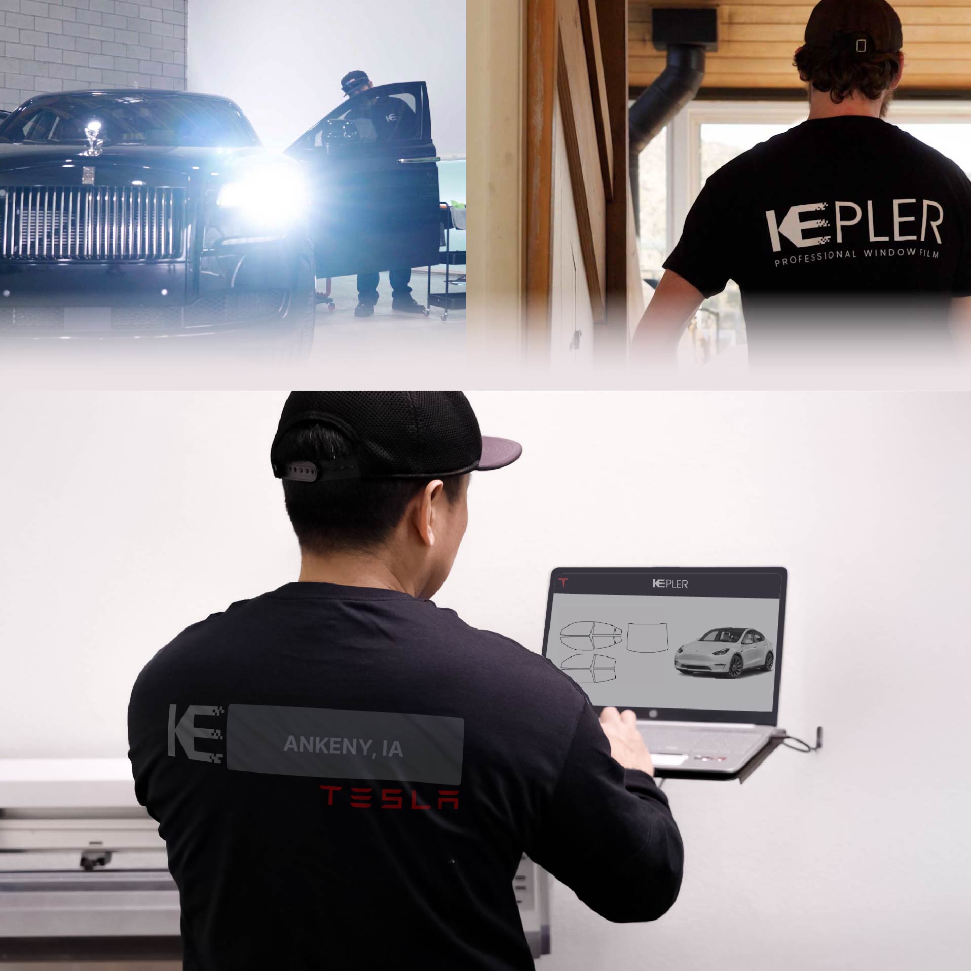 Expert Technician Installing Ceramic Window Tint to Tesla in Ankeny