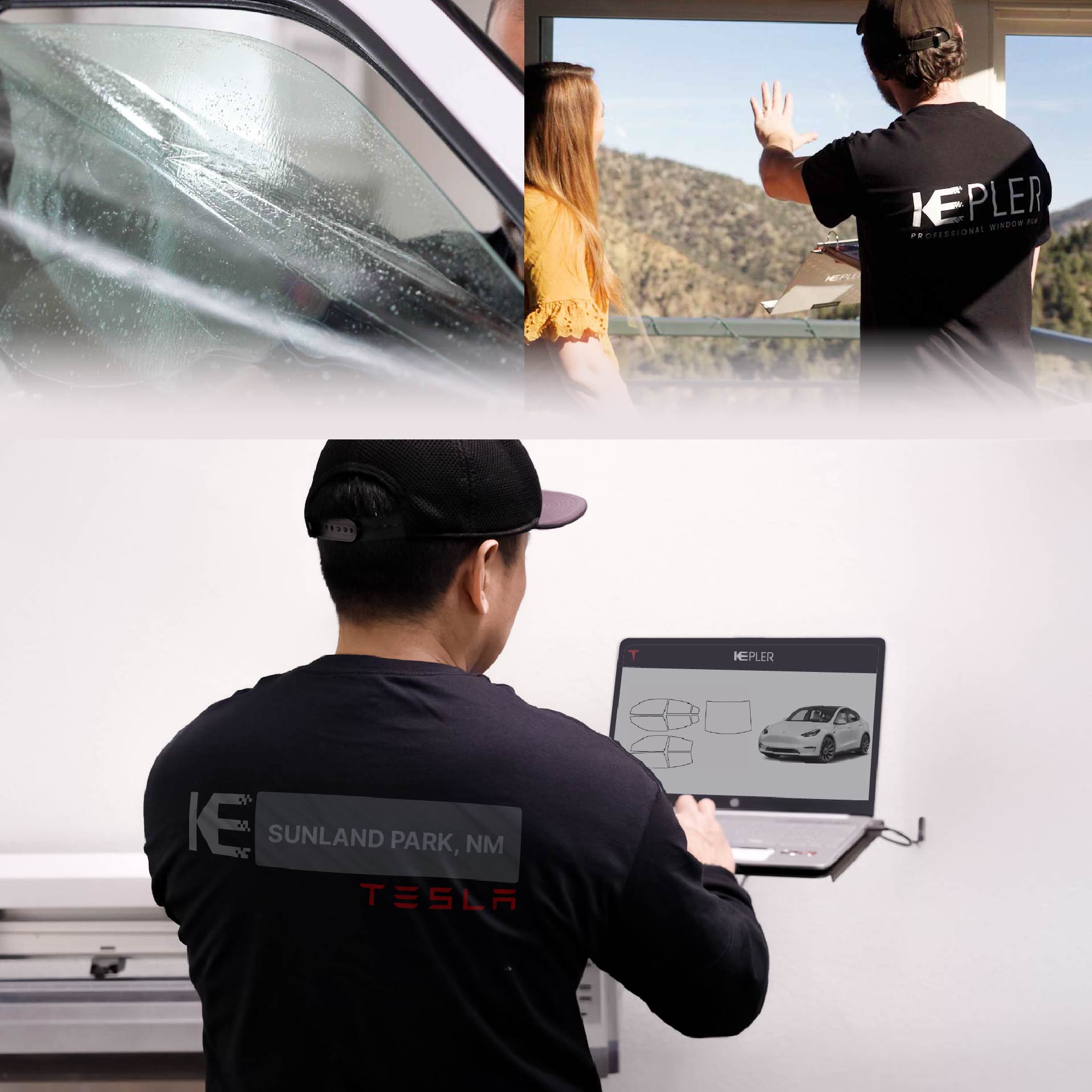 Expert Technician Installing Advanced Window Tint to Tesla in Sunland Park