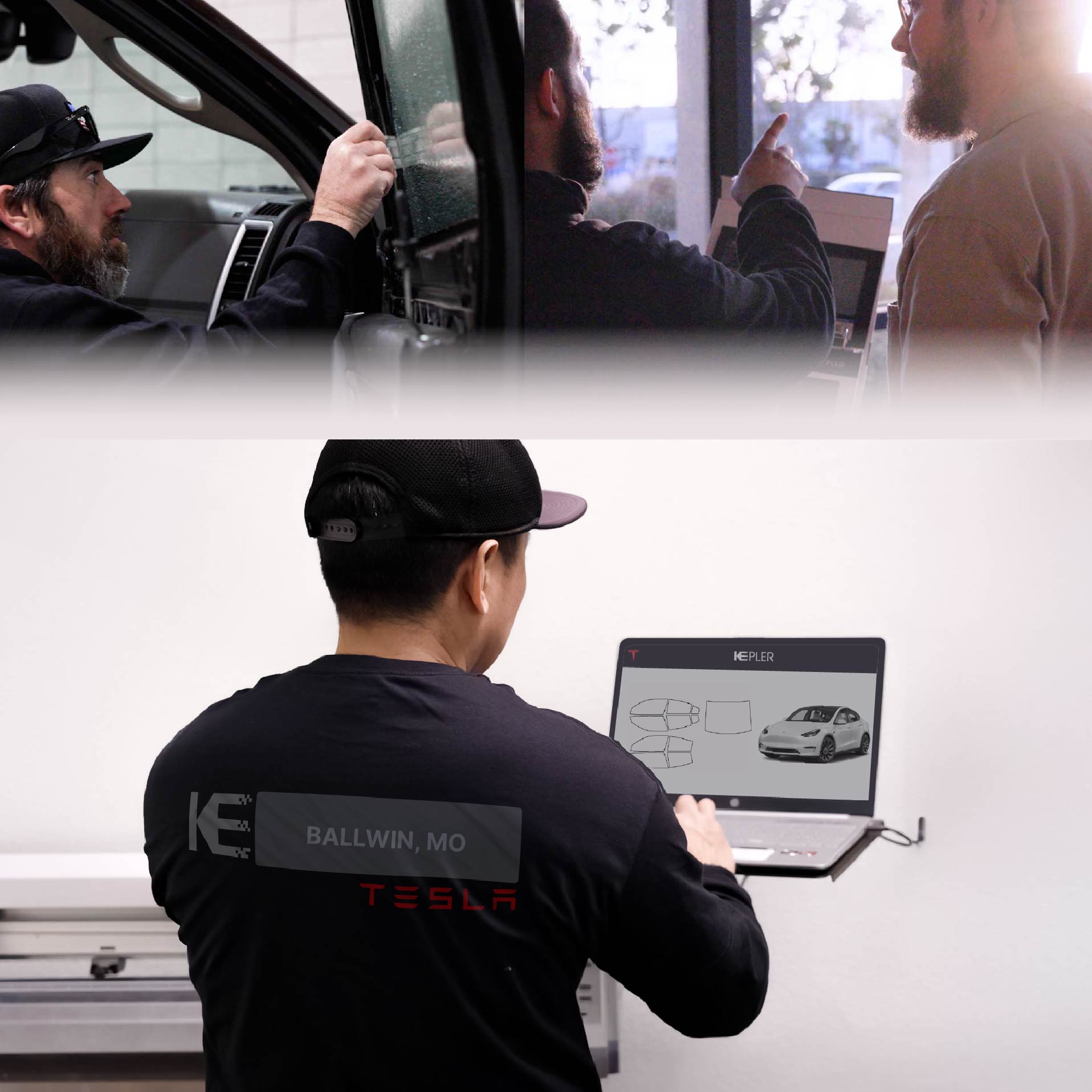 Expert Technician Fitting Advanced Window Tint to Tesla in Ballwin