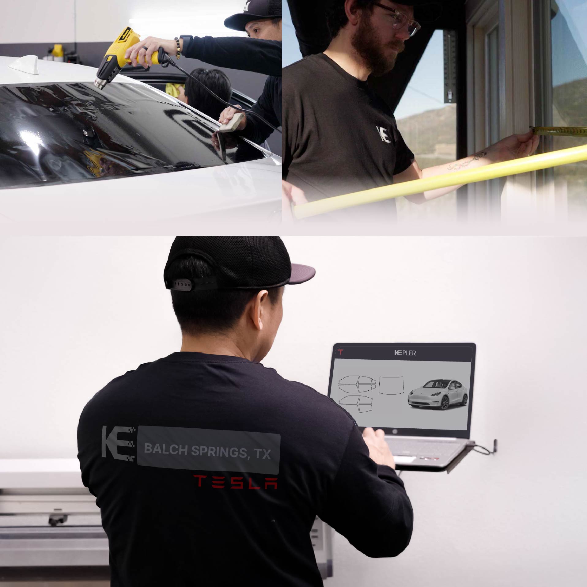 Expert Technician Fitting Ceramic Window Tint to Tesla in Balch Springs