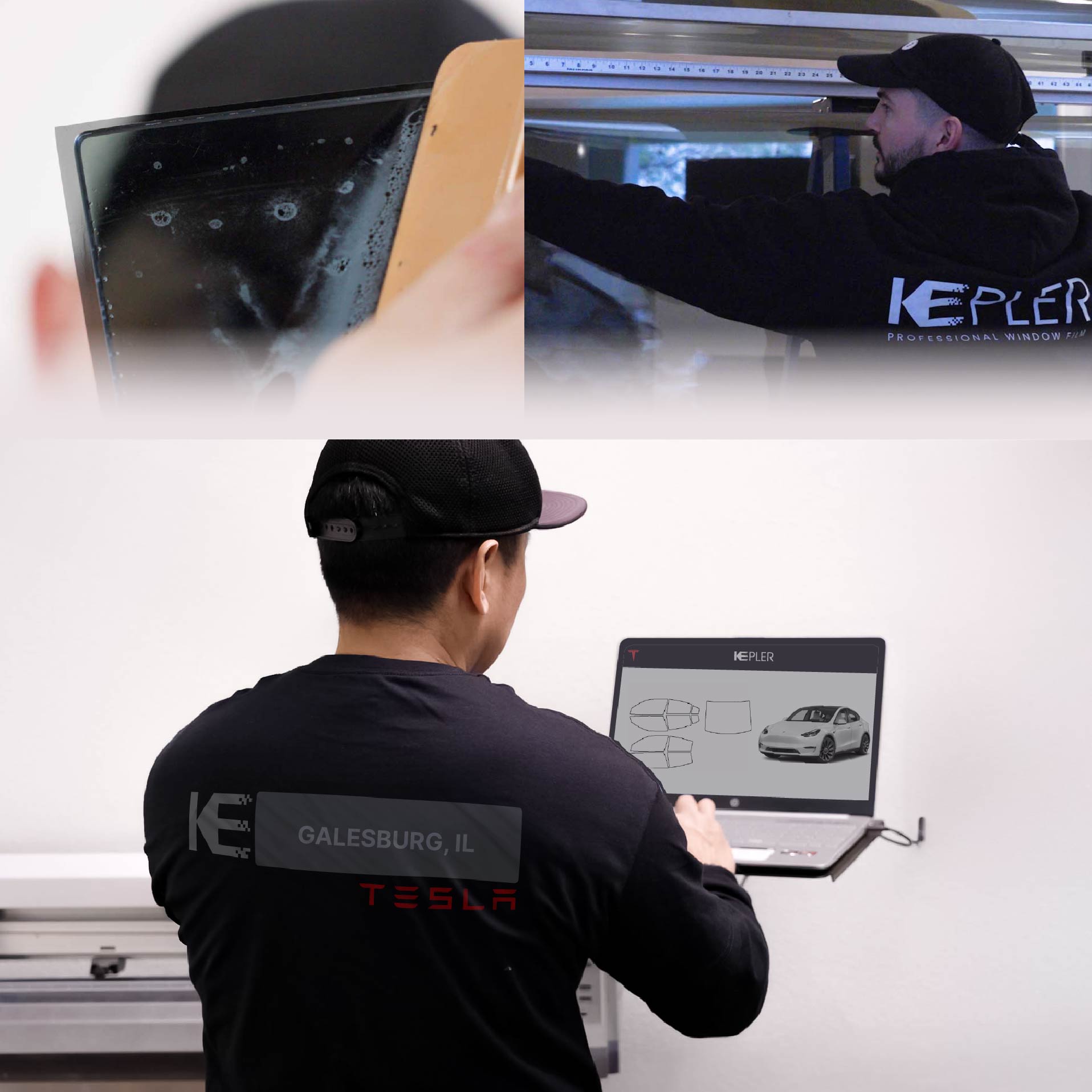 Kepler Technician Applying High-tech Window Tint to Tesla in Galesburg