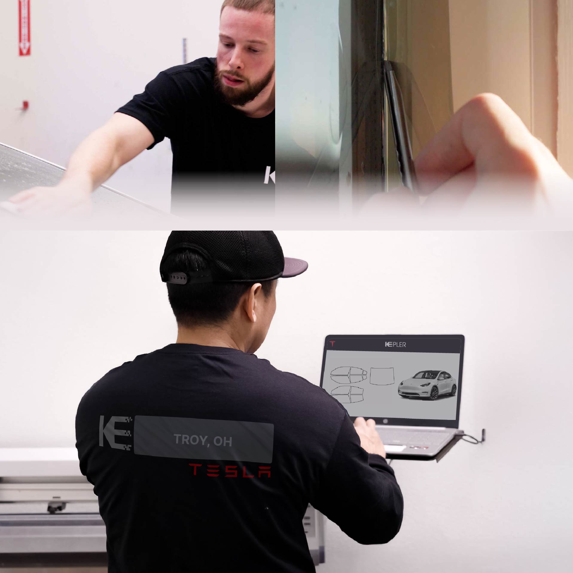 Expert Technician Installing Advanced Window Tint to Tesla in Troy