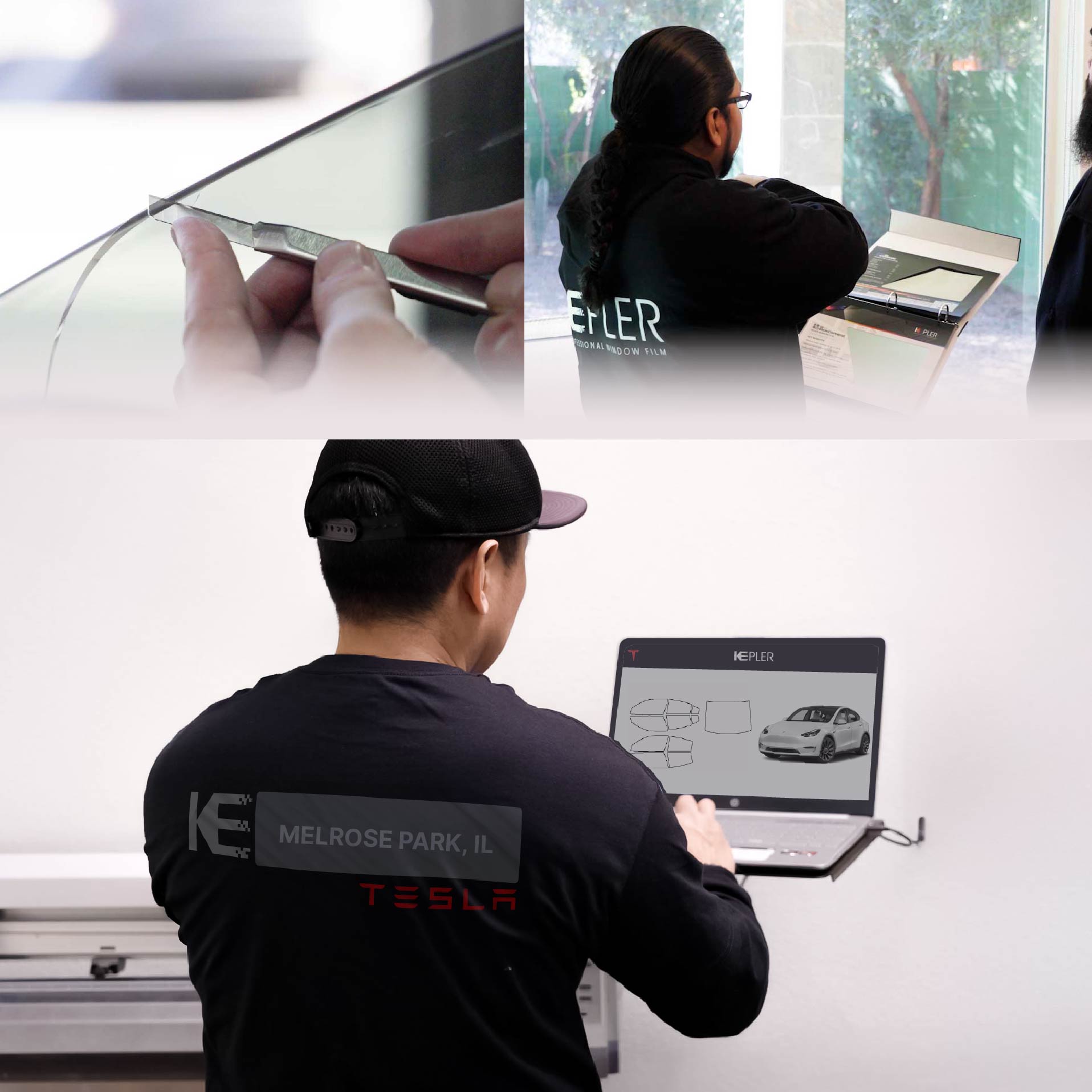 Expert Technician Fitting Ceramic Window Tint to Tesla in Melrose Park