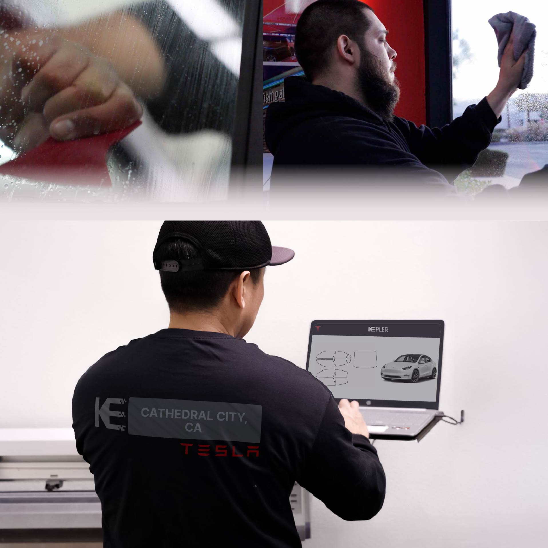 Expert Technician Fitting Ceramic Window Tint to Tesla in Cathedral City