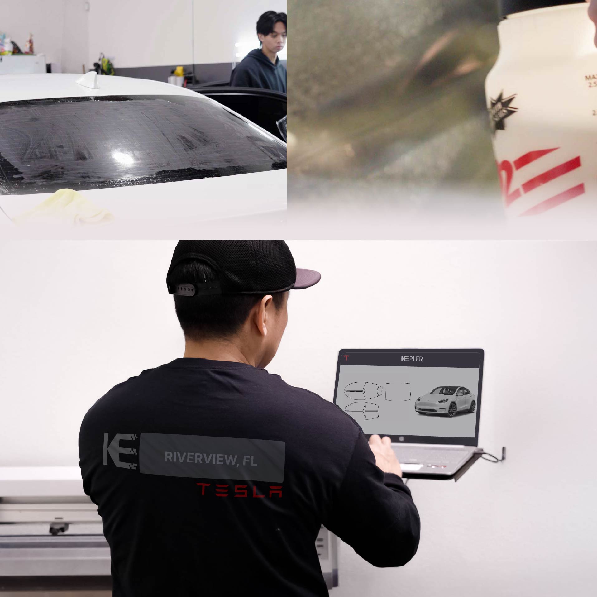 Kepler Technician Applying Ceramic Window Tint to Tesla in Riverview