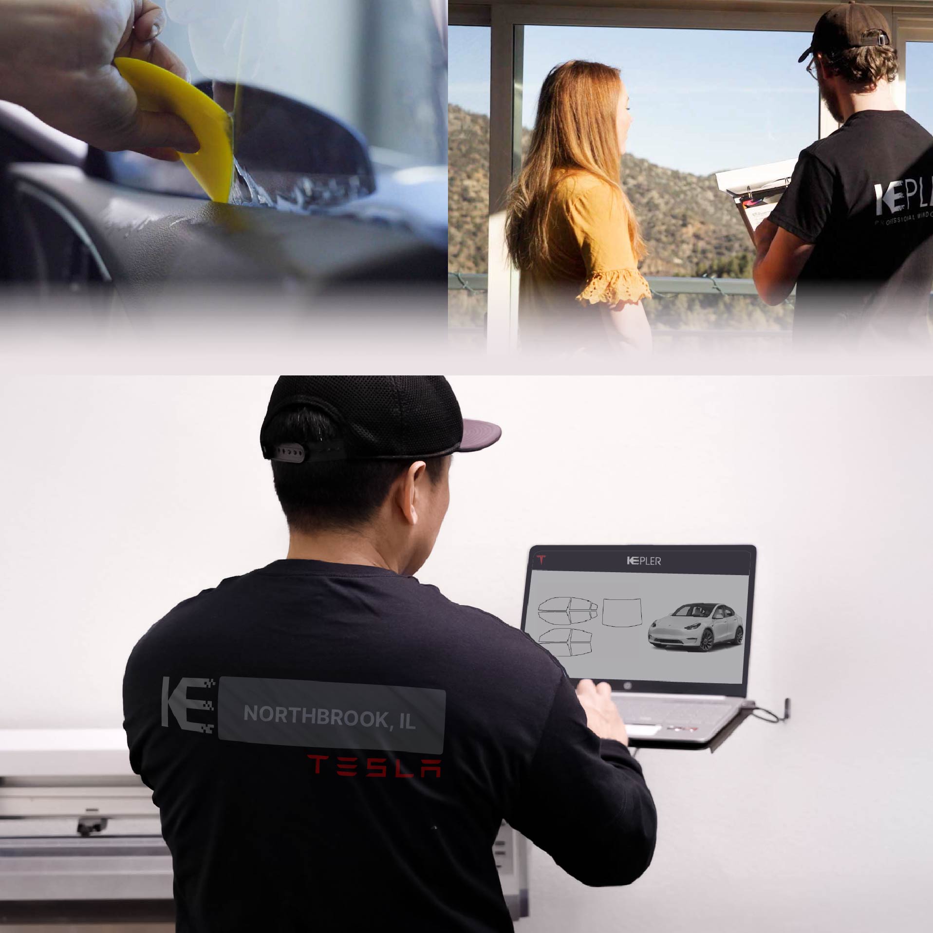 Kepler Technician Applying Ceramic Window Tint to Tesla in Northbrook