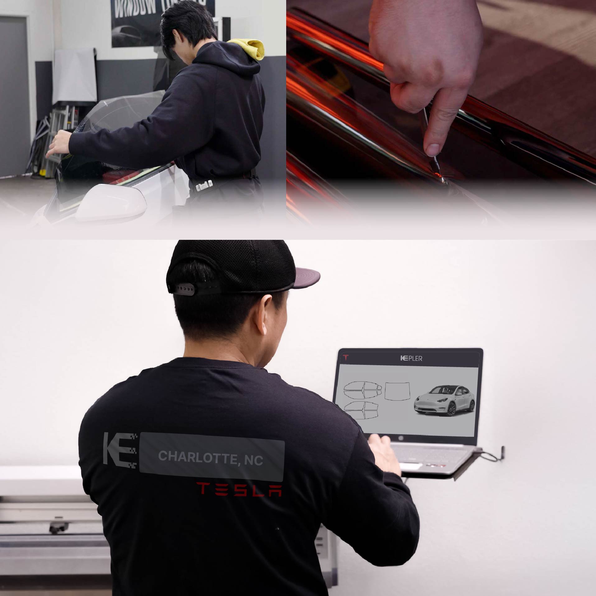 Kepler Technician Applying High-tech Window Tint to Tesla in Charlotte