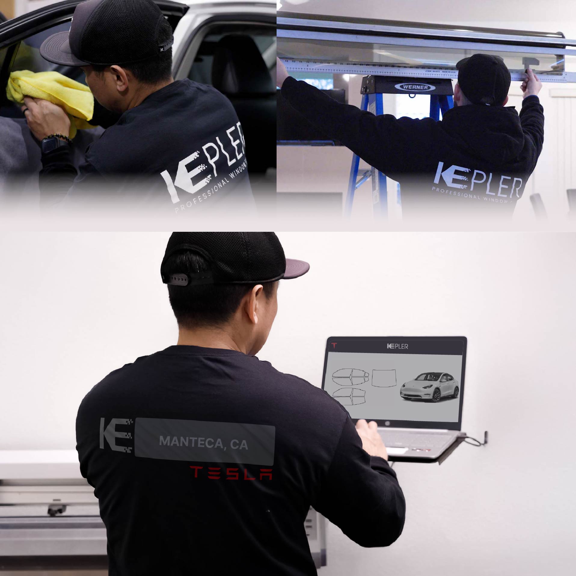 Expert Technician Installing High-tech Window Tint to Tesla in Manteca