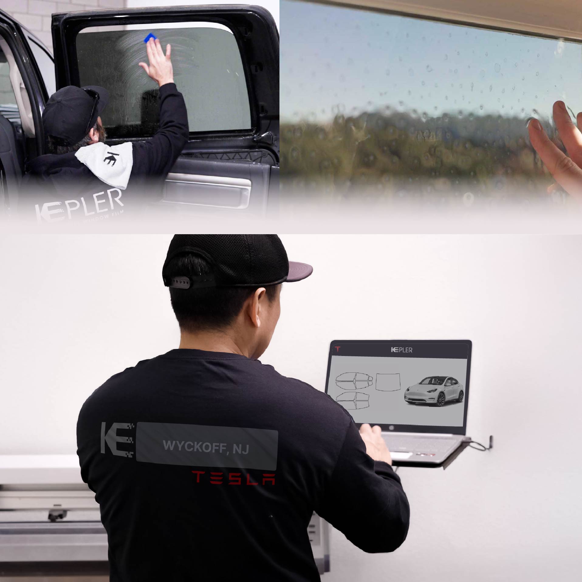 Kepler Technician Fitting Ceramic Window Tint to Tesla in Wyckoff