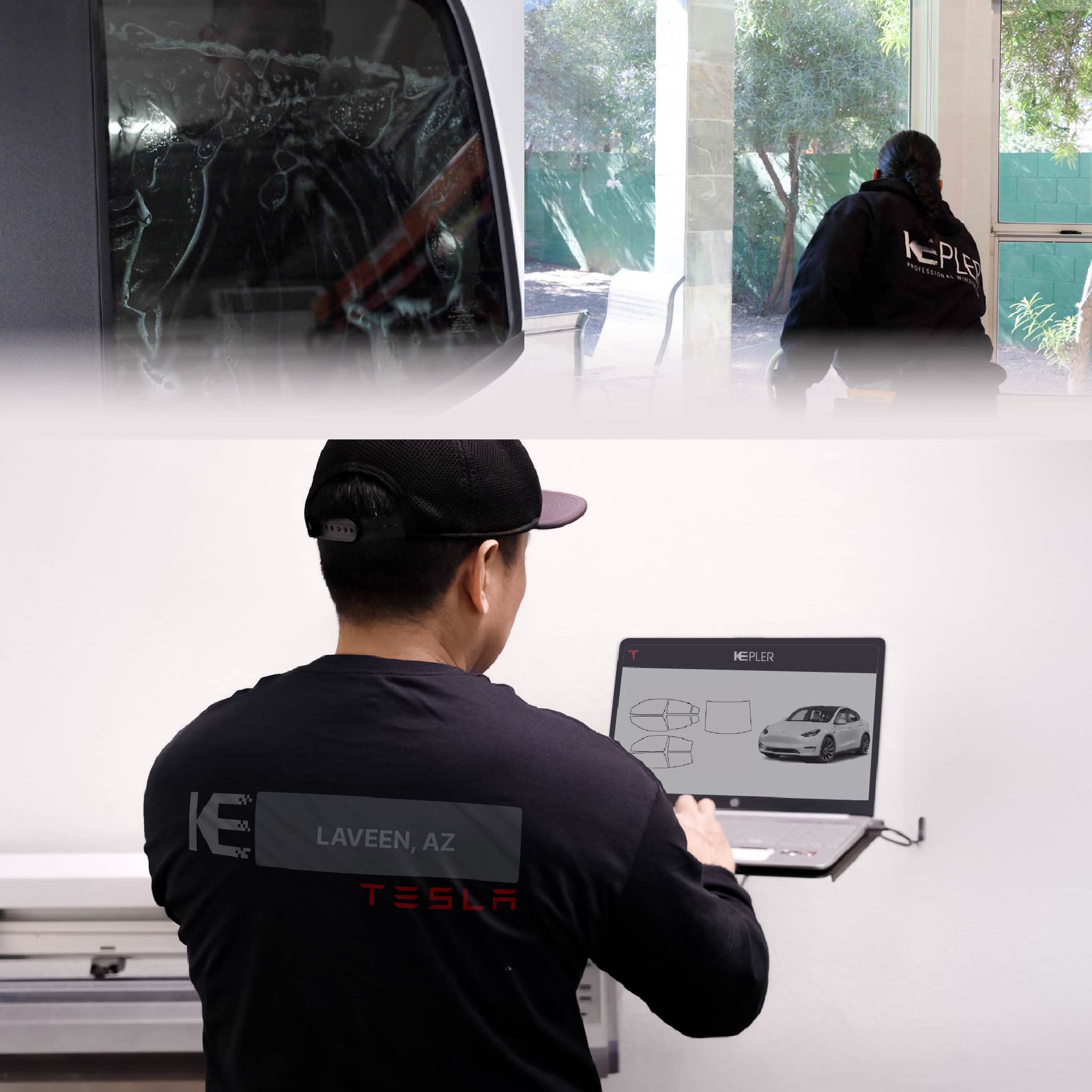 Kepler Technician Applying Ceramic Window Tint to Tesla in Laveen